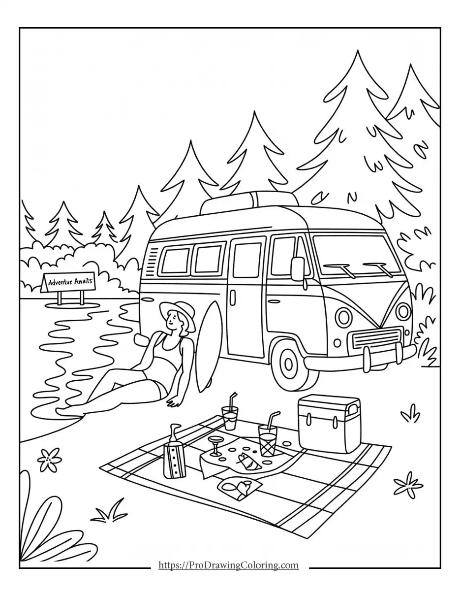 Relaxing summer van life picnic scene near nature and water for adult coloring