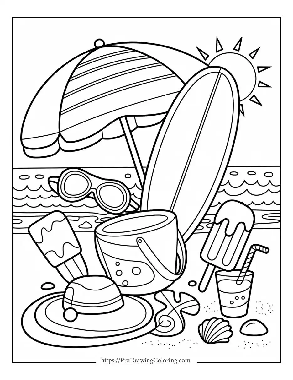 Beach essentials like a surfboard, umbrella, sunglasses, bucket, and cold drinks by the sea