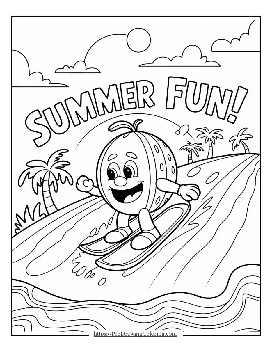 Cheerful watermelon character surfing a wave under the sun in a summer fun coloring page scene
