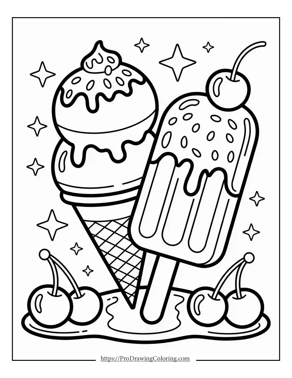 Fun summer coloring sheet with ice cream cones, popsicles, and cherries