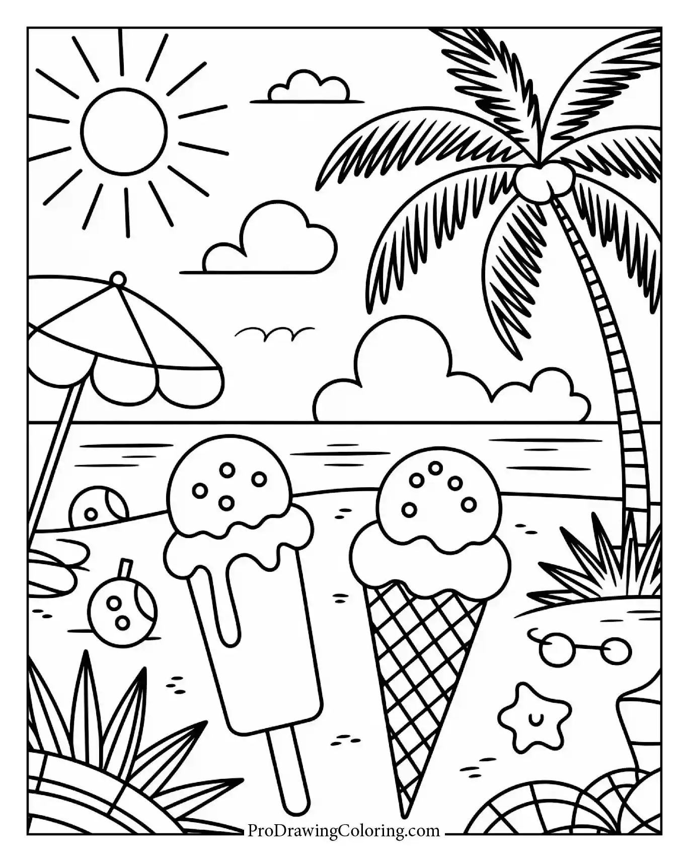 Summer-themed ice cream printable coloring sheet