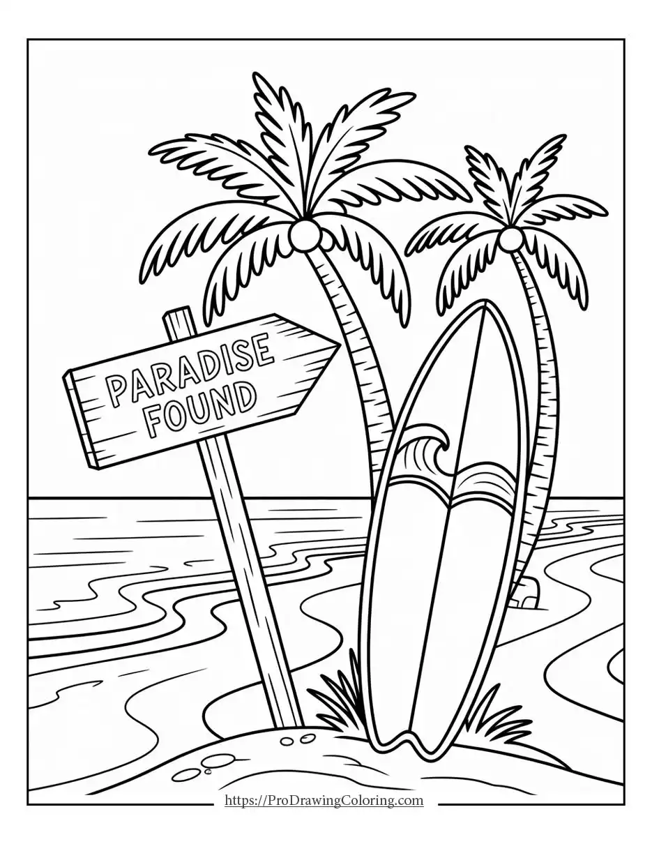Summer coloring sheet showing a tropical beach with palm trees and a surfboard
