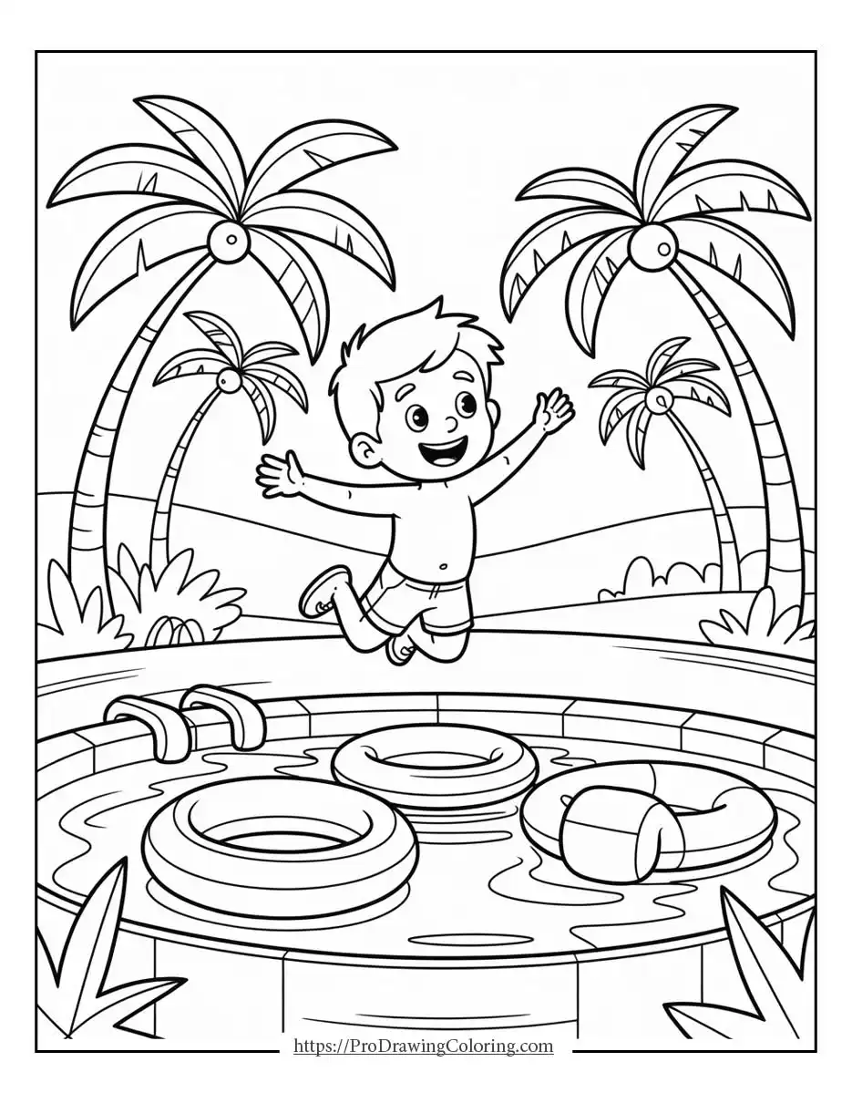 Summer printable illustration of a child jumping into a pool surrounded by palm trees