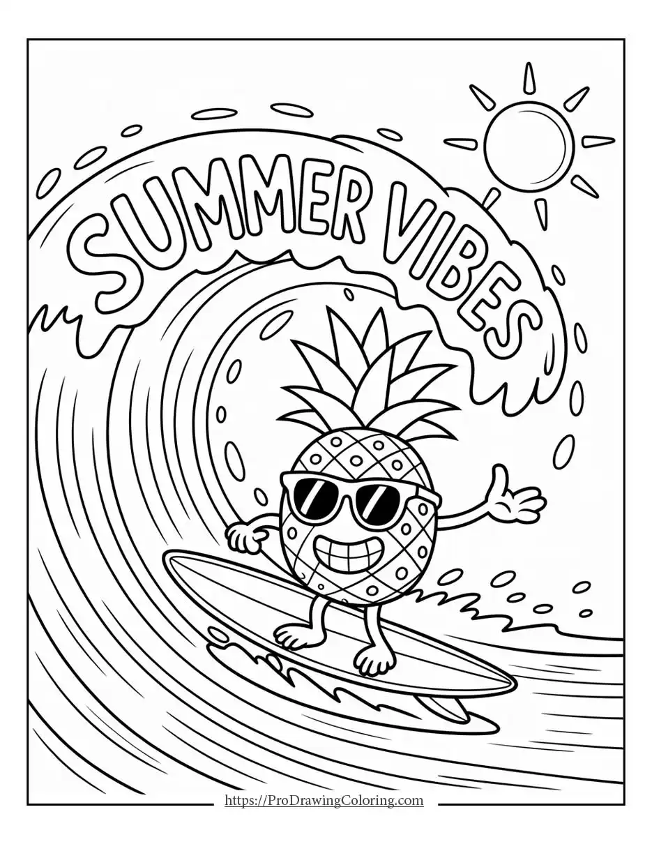 Smiling pineapple riding a wave with sunglasses, capturing the joy of the summer season