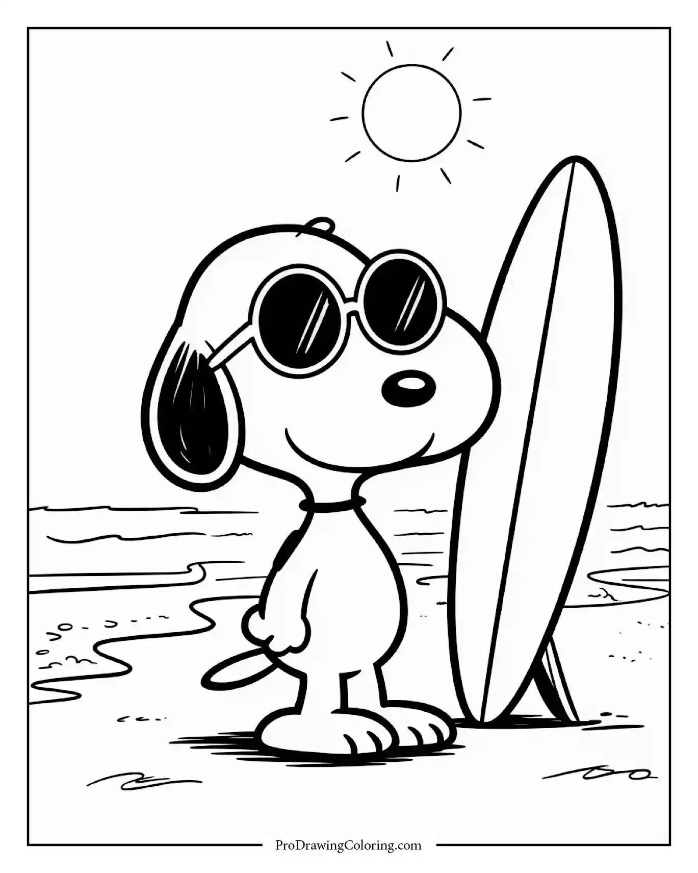 A fun coloring page showing summer snoopy coloring pages in a swimsuit, sitting under a beach umbrella with a surfboard and sandcastle nearby.