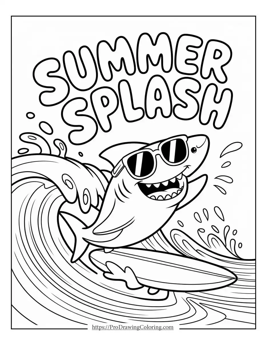 Playful summer coloring sheet with a shark surfing a big wave