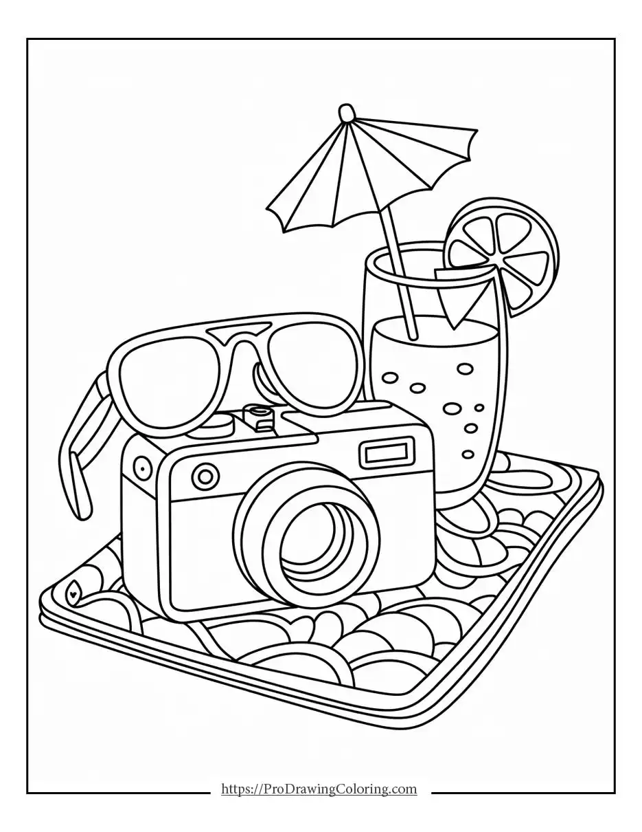 Summer coloring sheet showing a camera, sunglasses, and a tropical drink