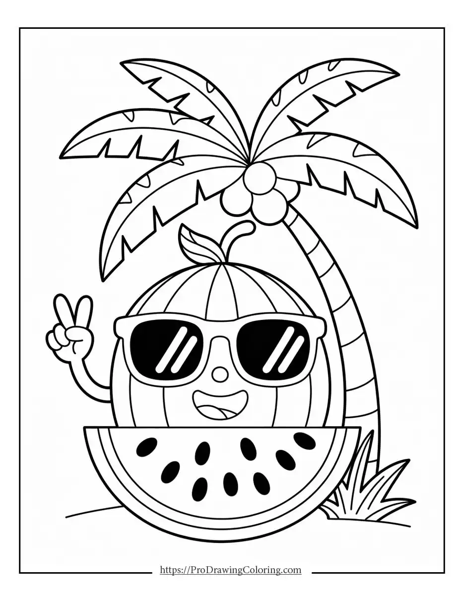 Cute summer printable with a smiling watermelon wearing sunglasses at the beach