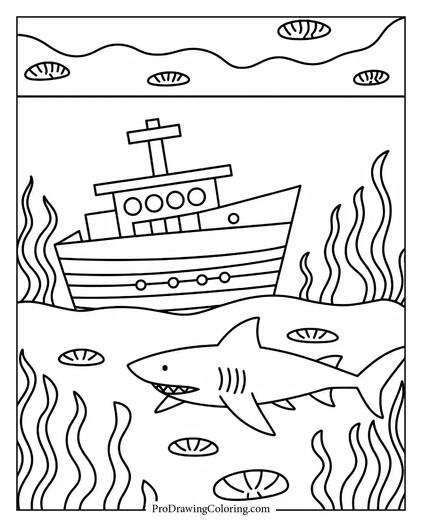 A shark swimming near a sunken ship covered in seaweed coloring sheet for kids
