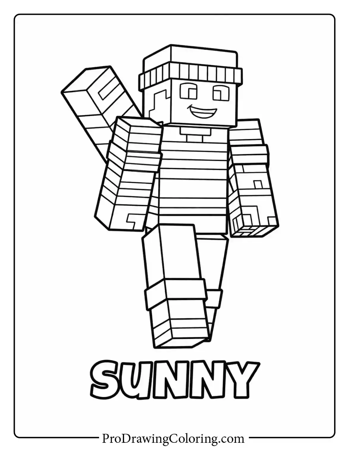Coloring sheet of the character Sunny from Minecraft with a cool hat and striped shirt for kids to color.