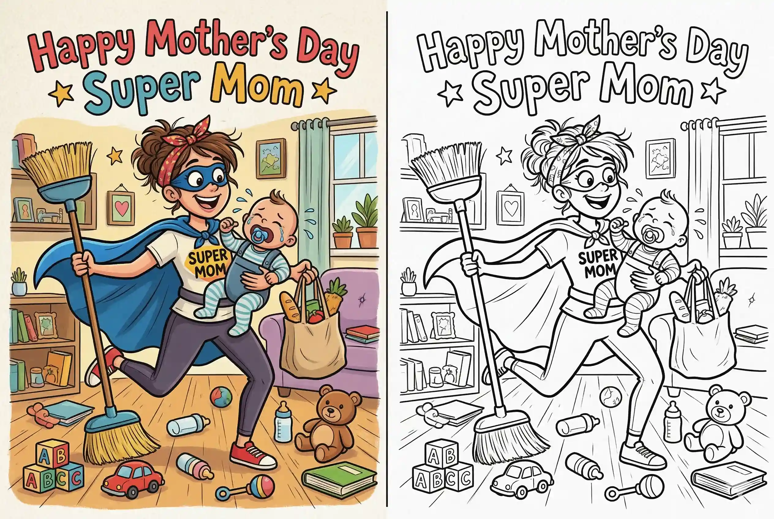 A split image showing a colorful example next to a black and white super mom for Mother's Day coloring page. The busy superhero mother is sweeping the floor, holding a crying baby and groceries in a messy room. A perfect printable activity to celebrate.