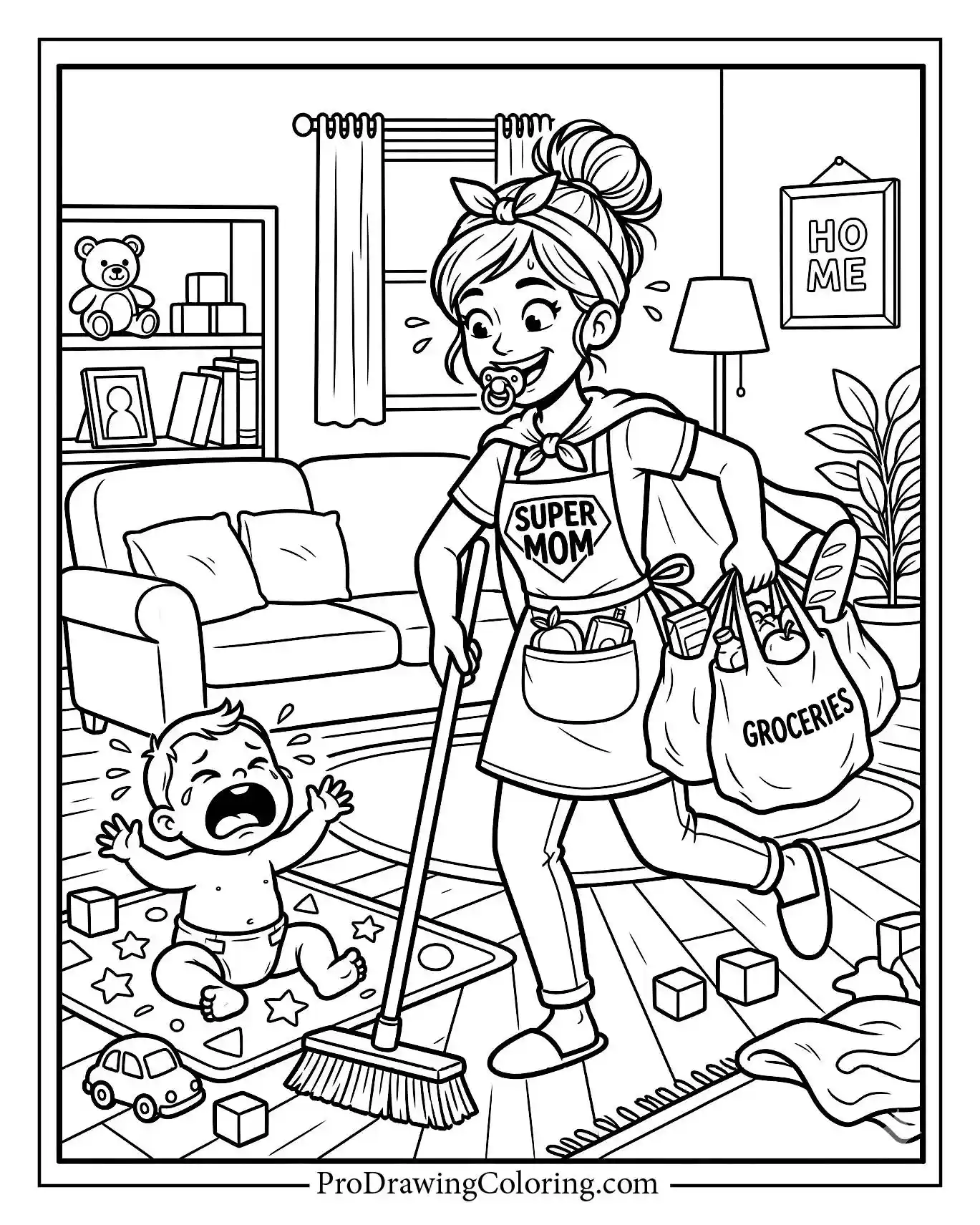 Stressed mother wearing a cape and sweeping the floor while a baby cries. A humorous coloring page from Pro Drawing Coloring to celebrate hardworking moms.