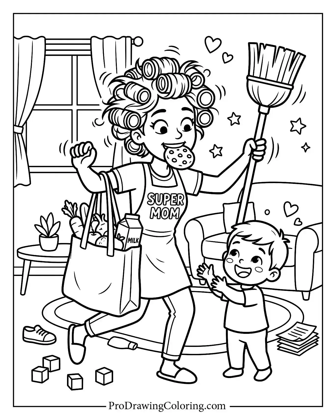Busy mother balancing groceries and a broom while eating a cookie. A highly relatable super mom coloring page for moms everywhere.