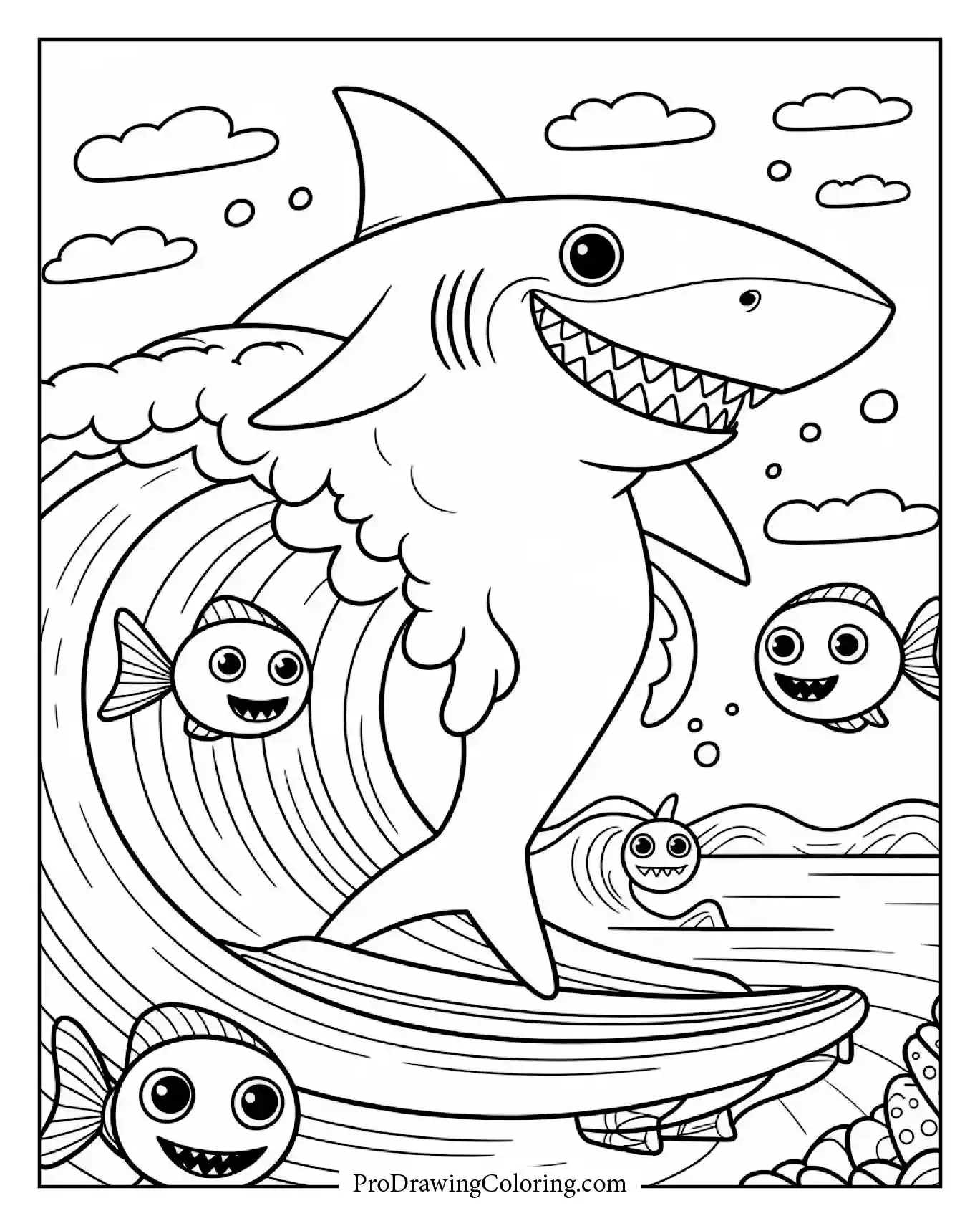 A shark surfing on a wave surrounded by smiling fish