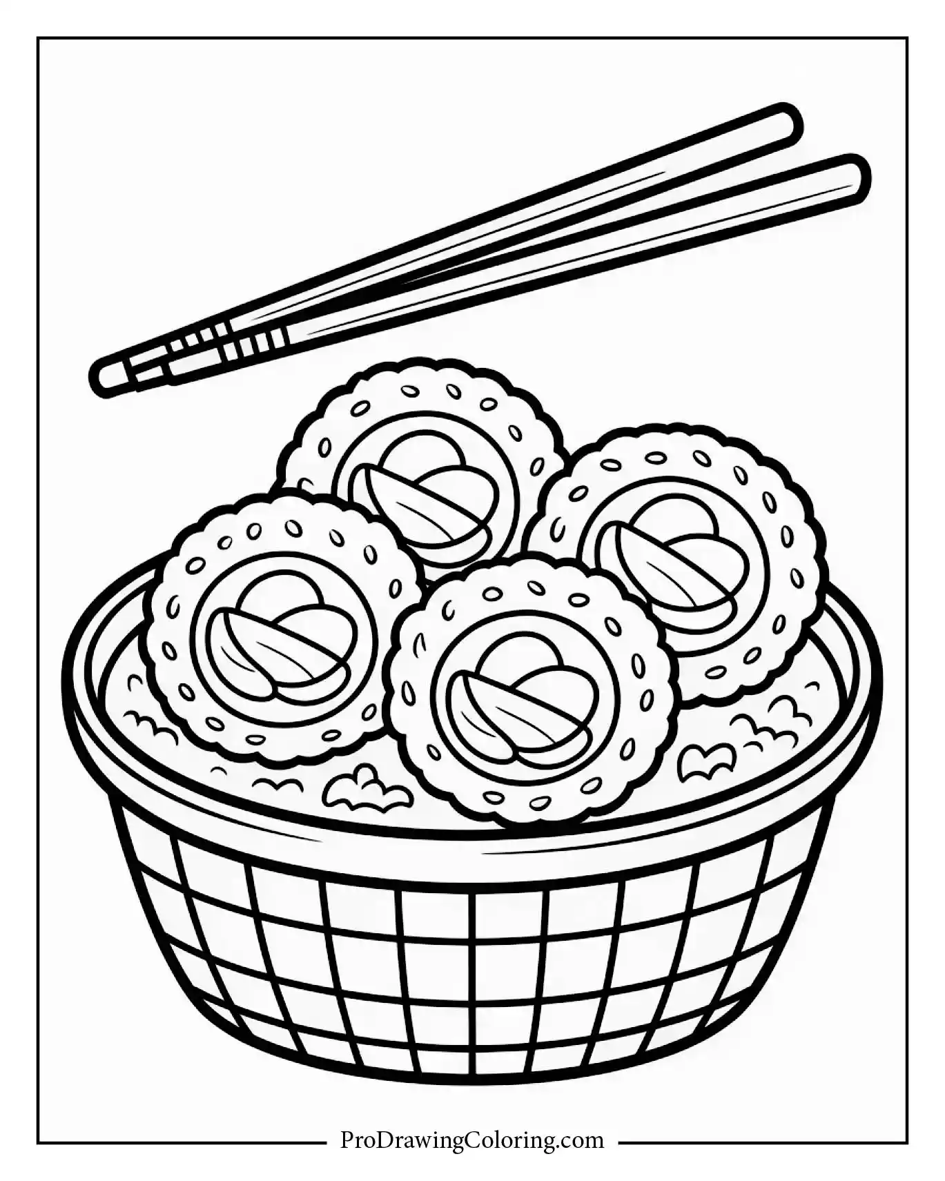 Japanese sushi roll food coloring page with chopsticks