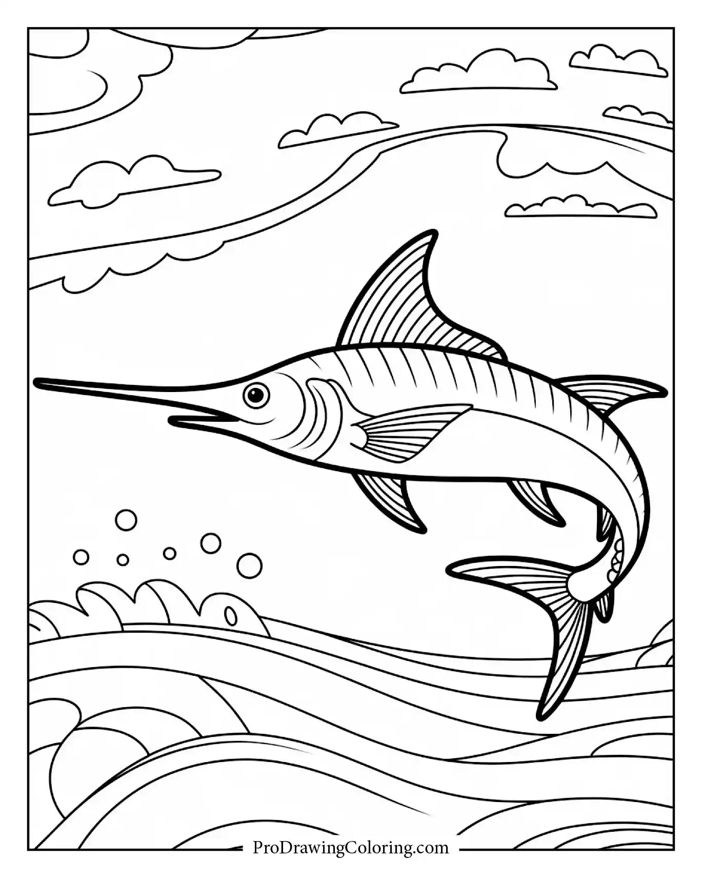 Cartoon swordfish with a long nose swimming through simple ocean waves
