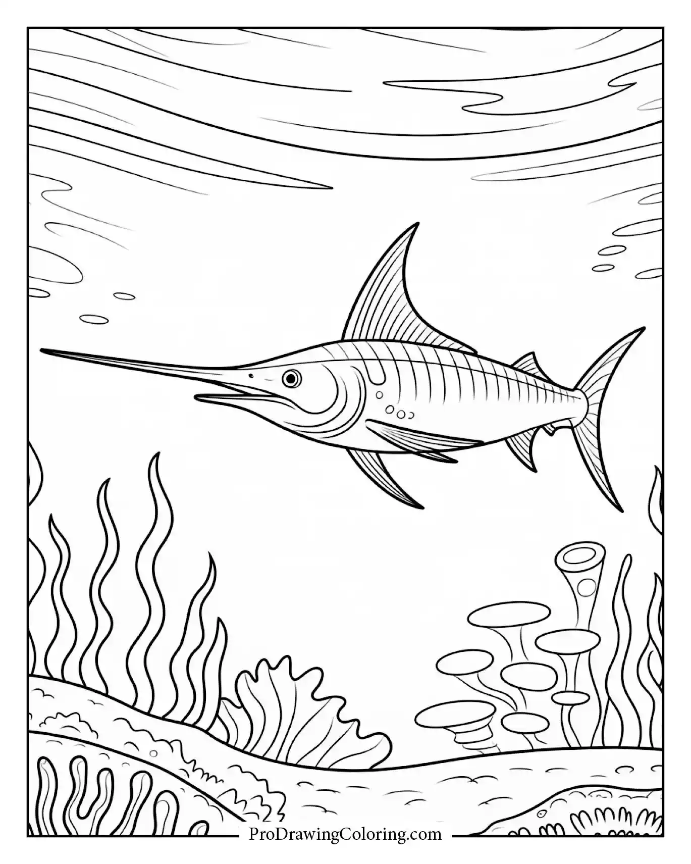 Swordfish gliding underwater, printable semi-realistic fish coloring page.