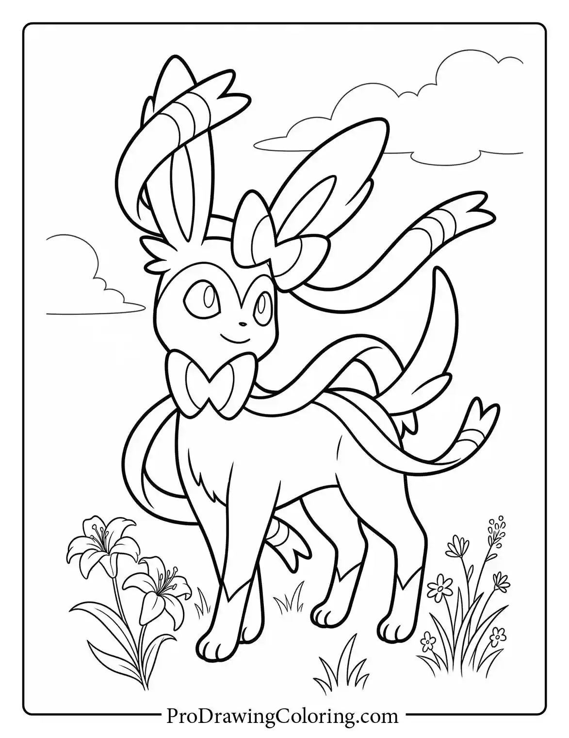 Coloring page showing an adorable Sylveon standing gracefully in a peaceful field, showing off its elegant ribbon-like feelers among tall grass and blooming flowers.