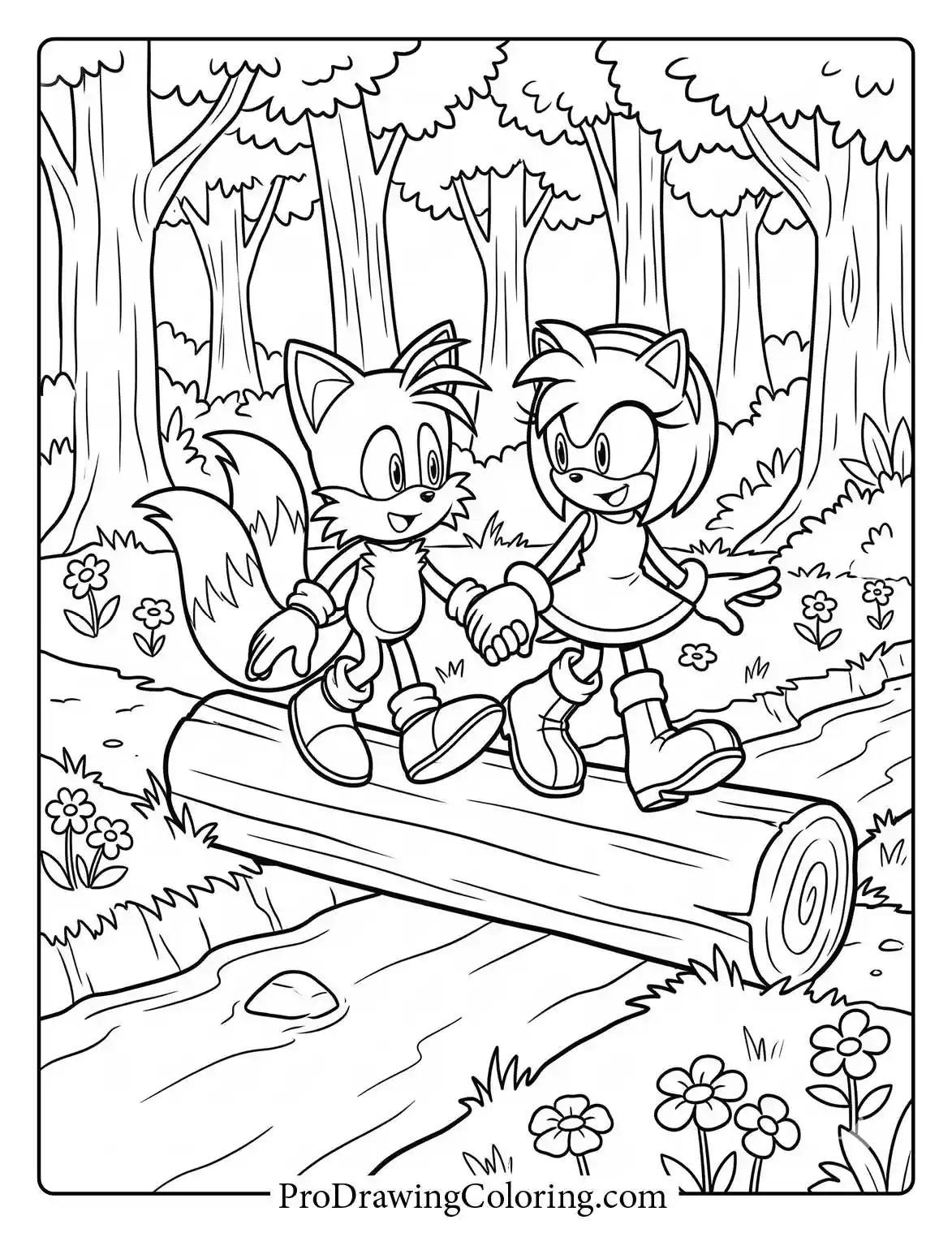 Tails and Amy Rose smiling and walking together balancing on a log across a forest river.