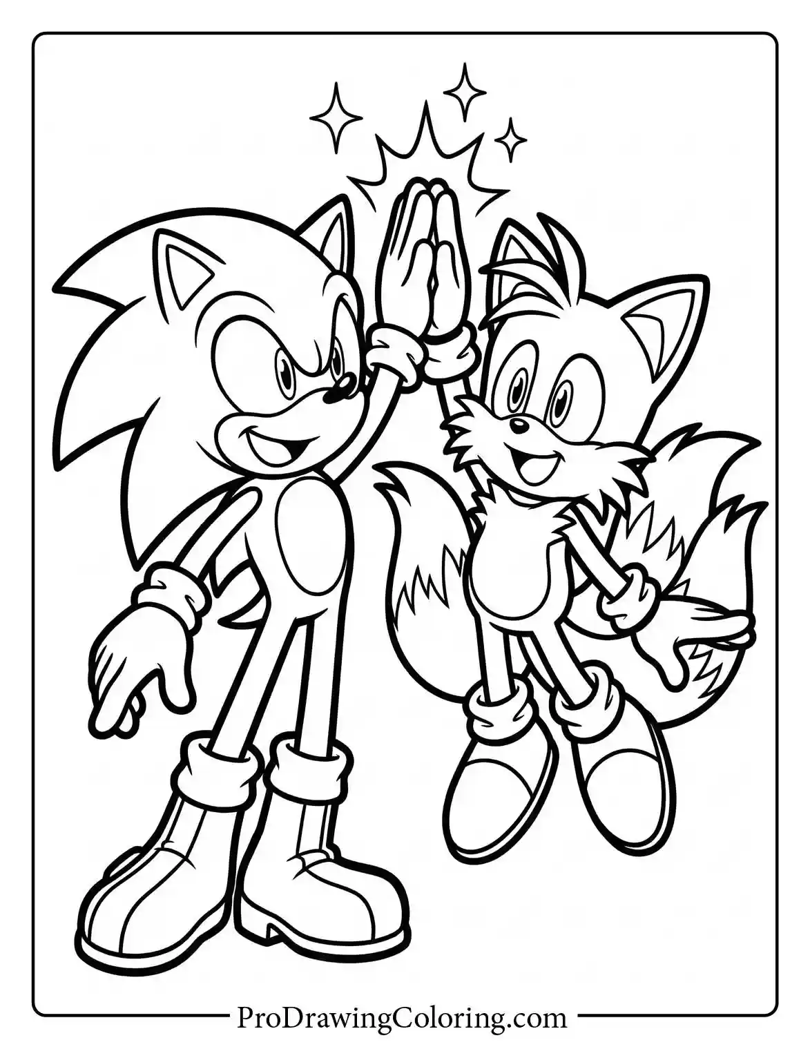 Sonic the Hedgehog and his best friend Tails giving a high five, celebrating teamwork in these tails and sonic coloring pages.