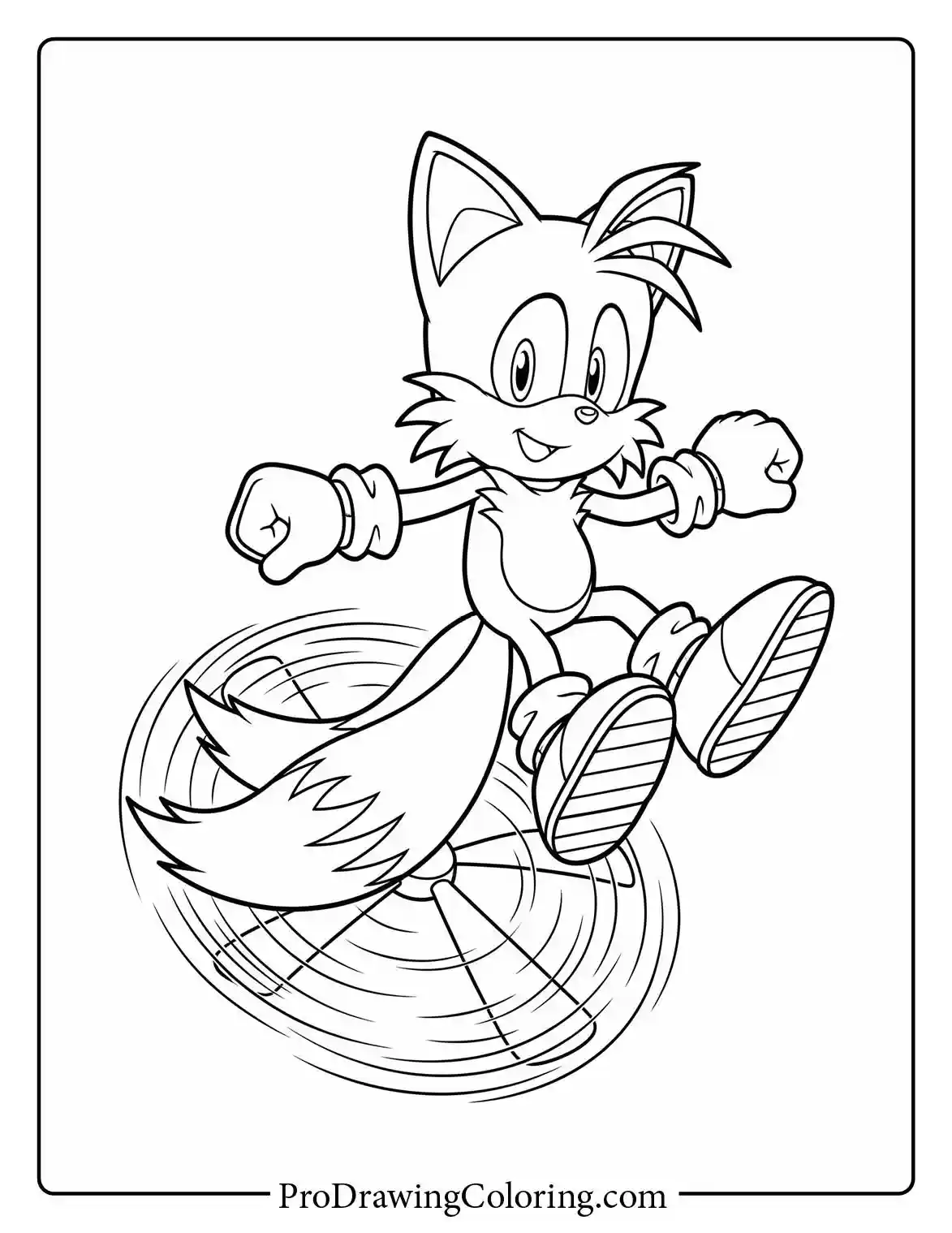 Miles Tails Prower flying in the air using his twin tails, a fun and simple drawing for tails sonic coloring pages.