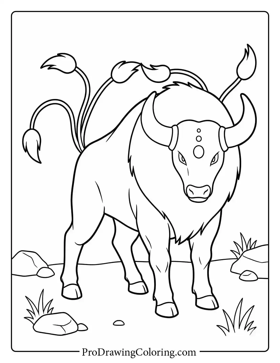 Printable Pokemon coloring page showing Tauros standing aggressively in a rocky field, showing off its three tails, thick mane, and sharp horns ready to charge forward.