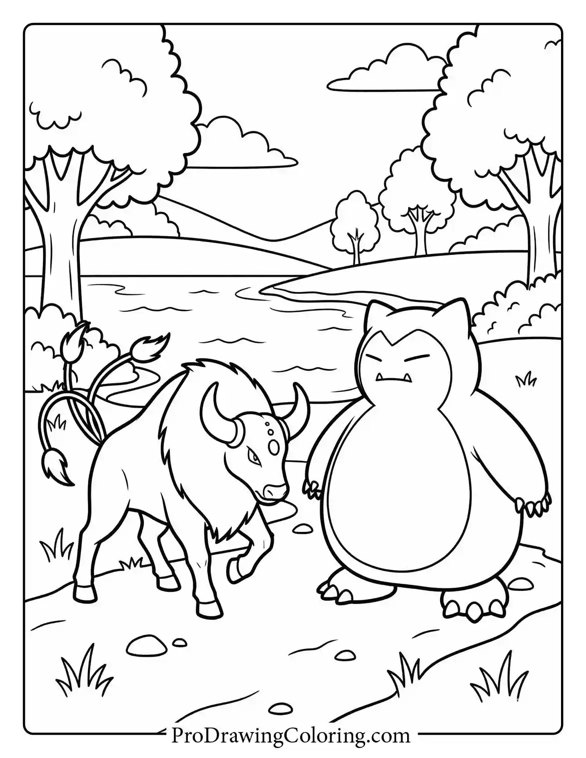 Tauros and Snorlax cross paths on a dirt road near a calm lake, surrounded by tall trees and a peaceful landscape, an easy Pokemon coloring page.