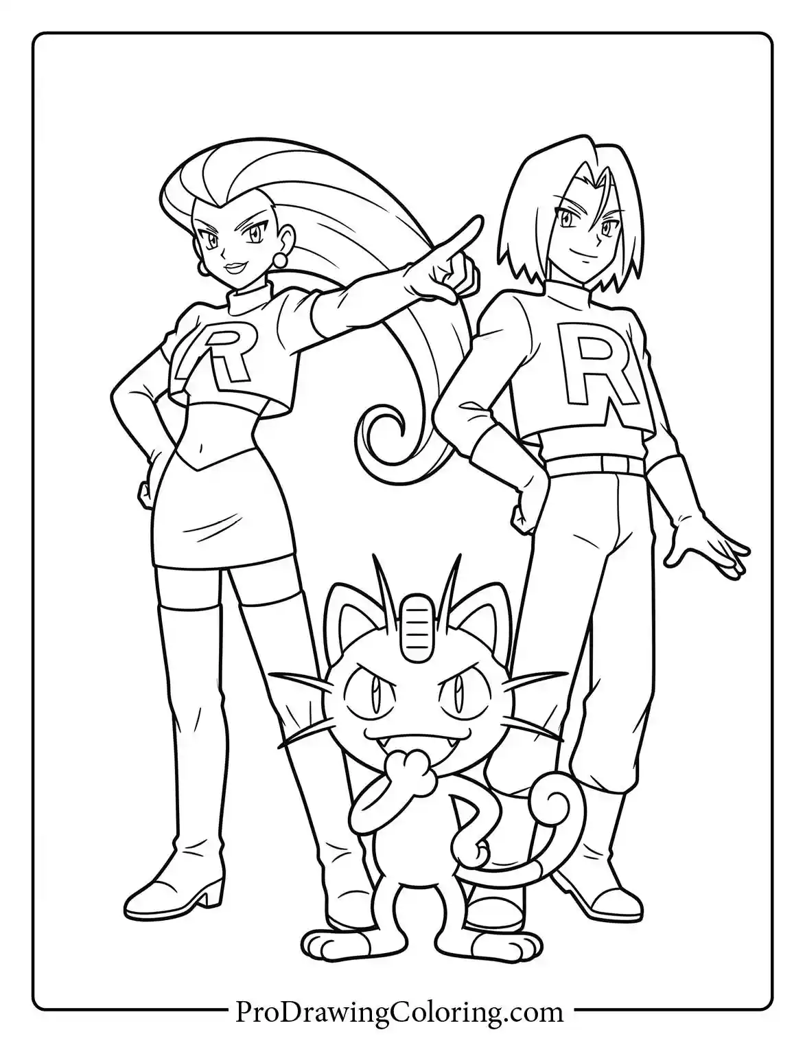 Team Rocket members Jessie and James posing with Meowth, a classic Pokemon coloring sheet.