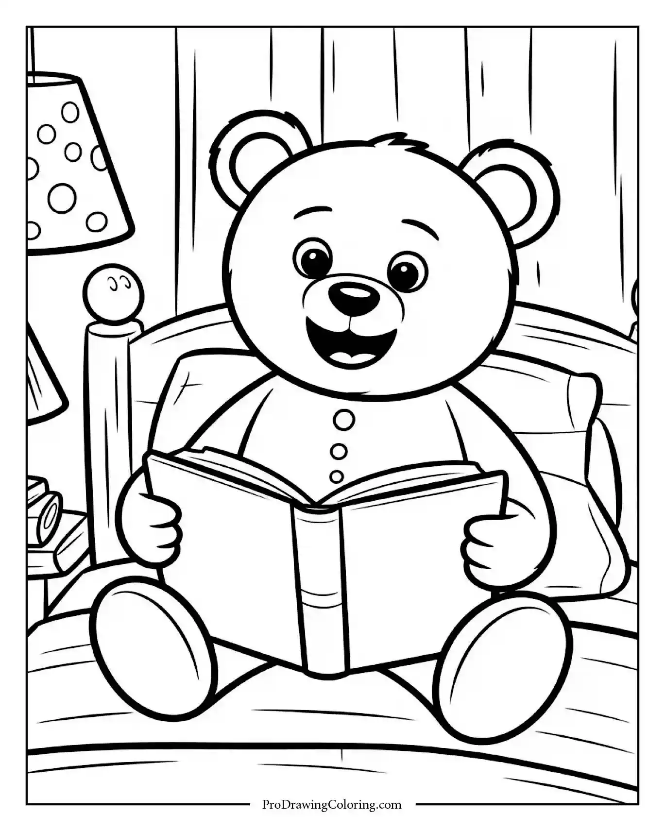 Sweet teddy bear bedtime coloring page for kids reading to plush toys