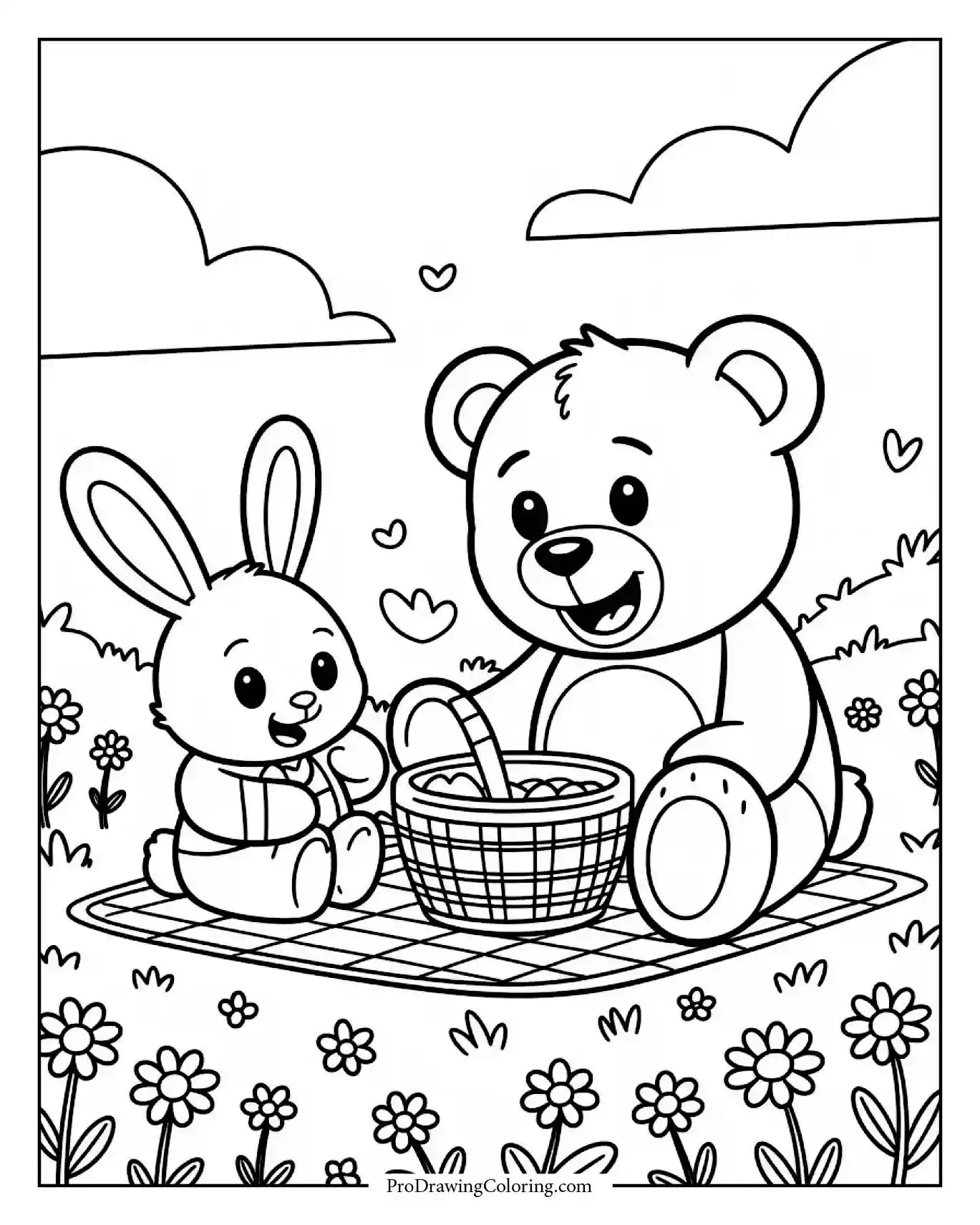 Cute bear and bunny printable coloring sheet for kids having a picnic