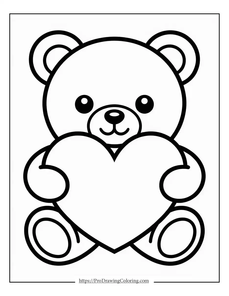Sweet teddy bear sitting and holding a big heart in a simple cartoon style