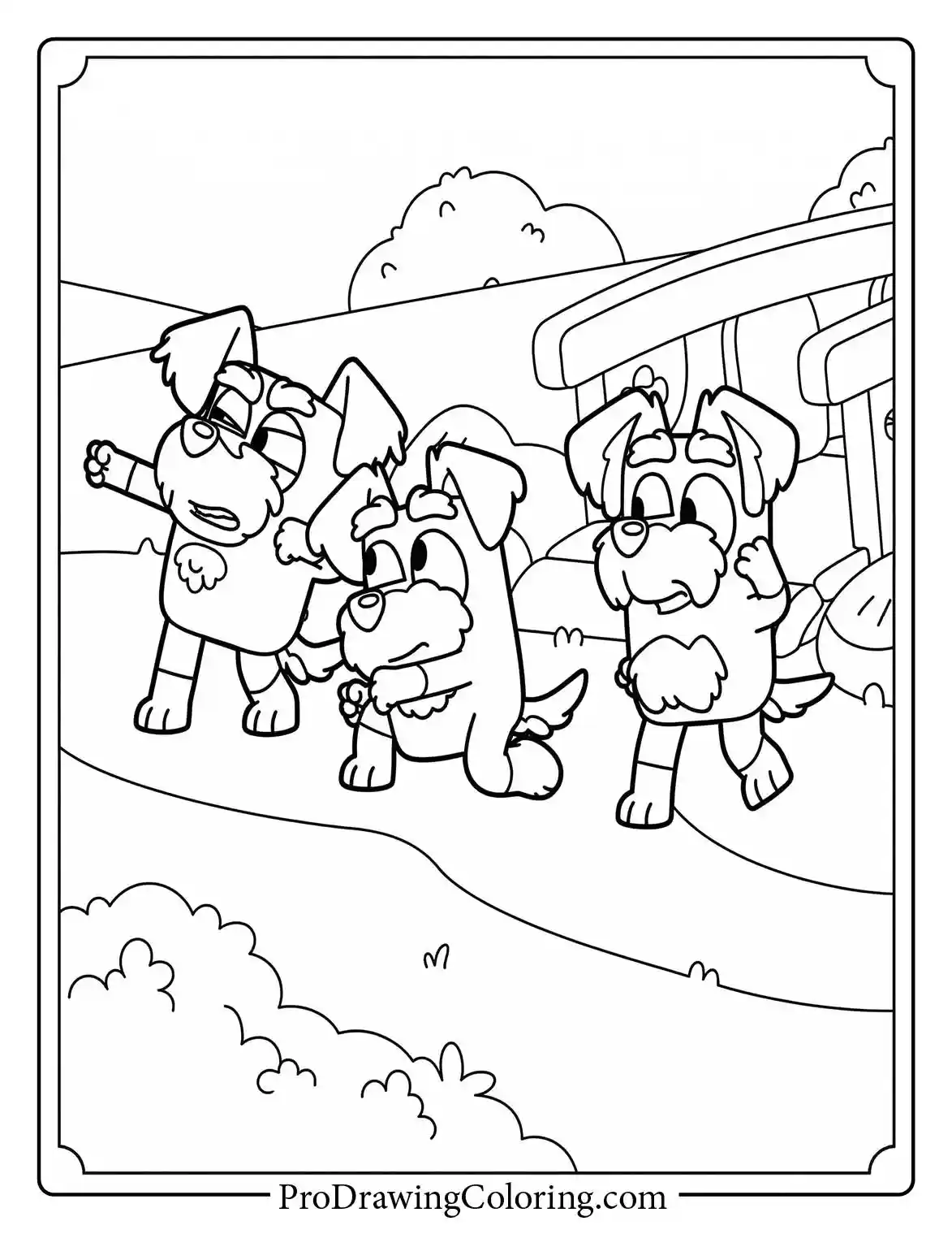 Easy colouring sheet of the three brave Terrier brothers, Bluey's friends, marching confidently.