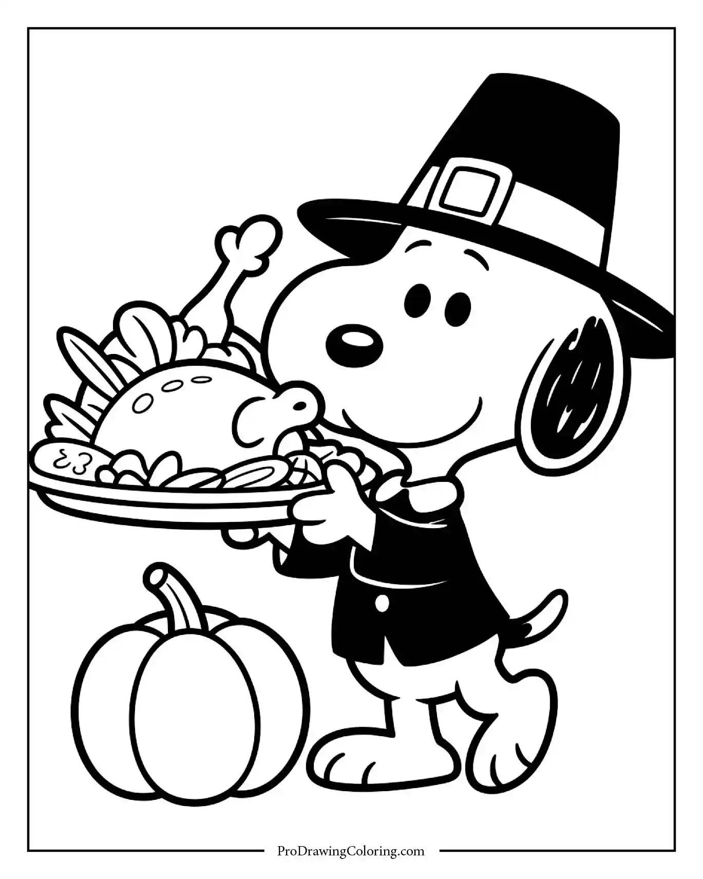 Black and white coloring page of thanksgiving snoopy coloring pages holding a cooked turkey on a large plate, set against a background of autumn leaves.