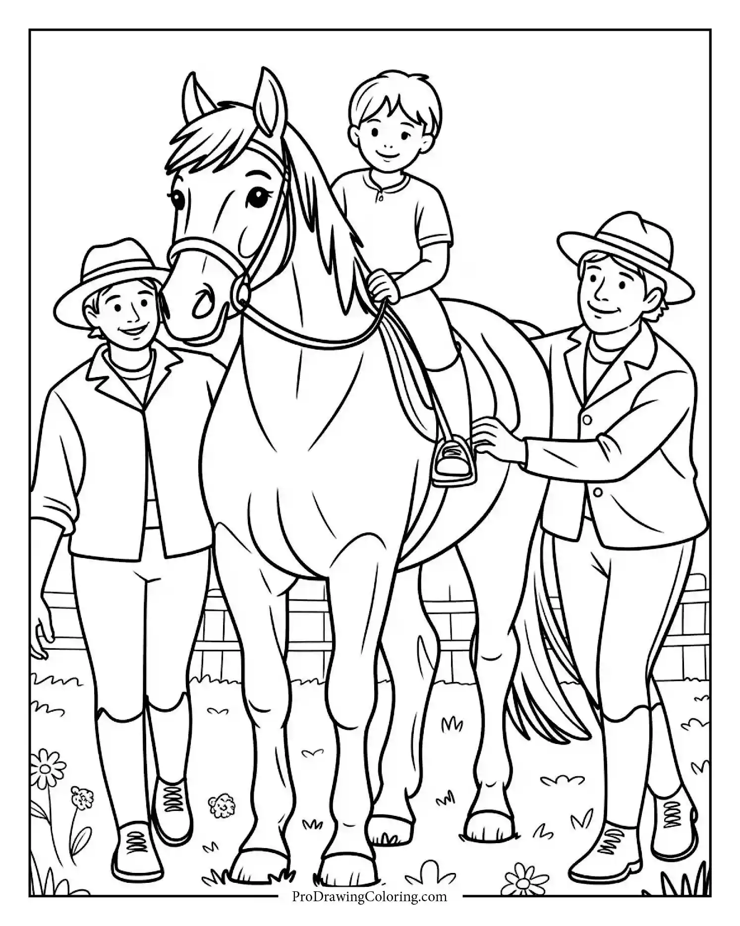 therapeutic horse riding Printable coloring page showing therapeutic horse riding for children or adults