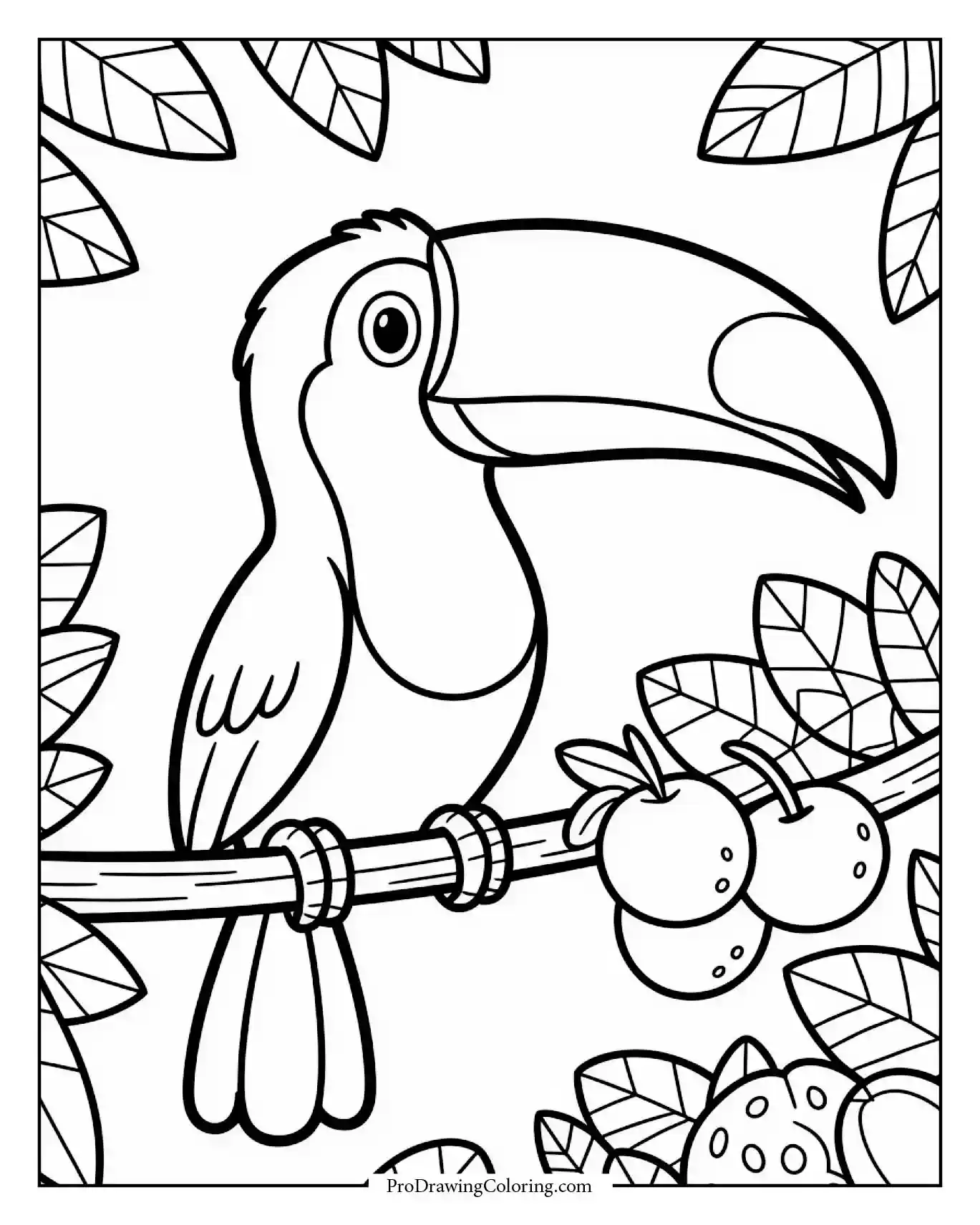 Colorful toucan resting on jungle branch near tropical fruits