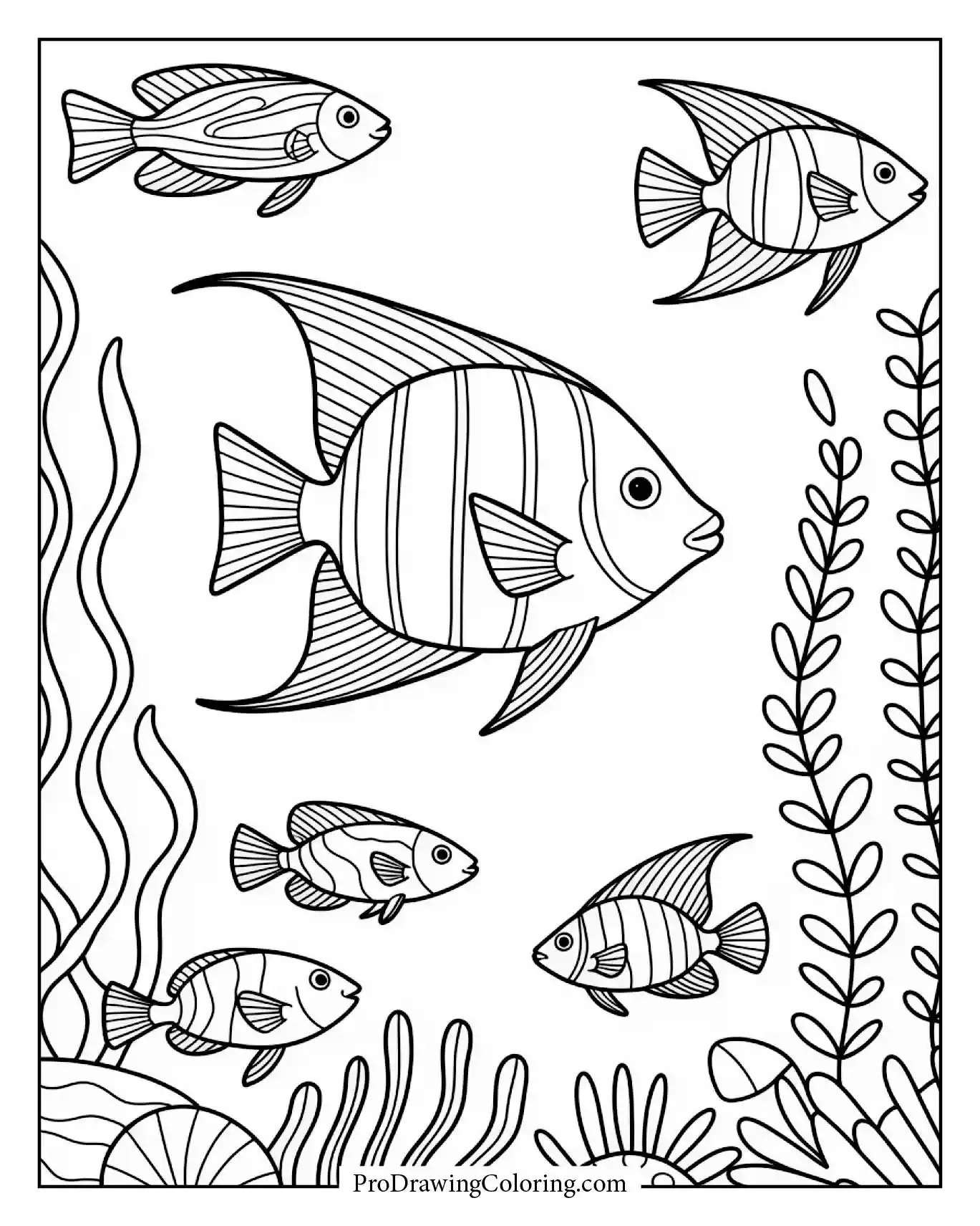 Colorful tropical fish swimming among sea plants, printable aquatic coloring page.