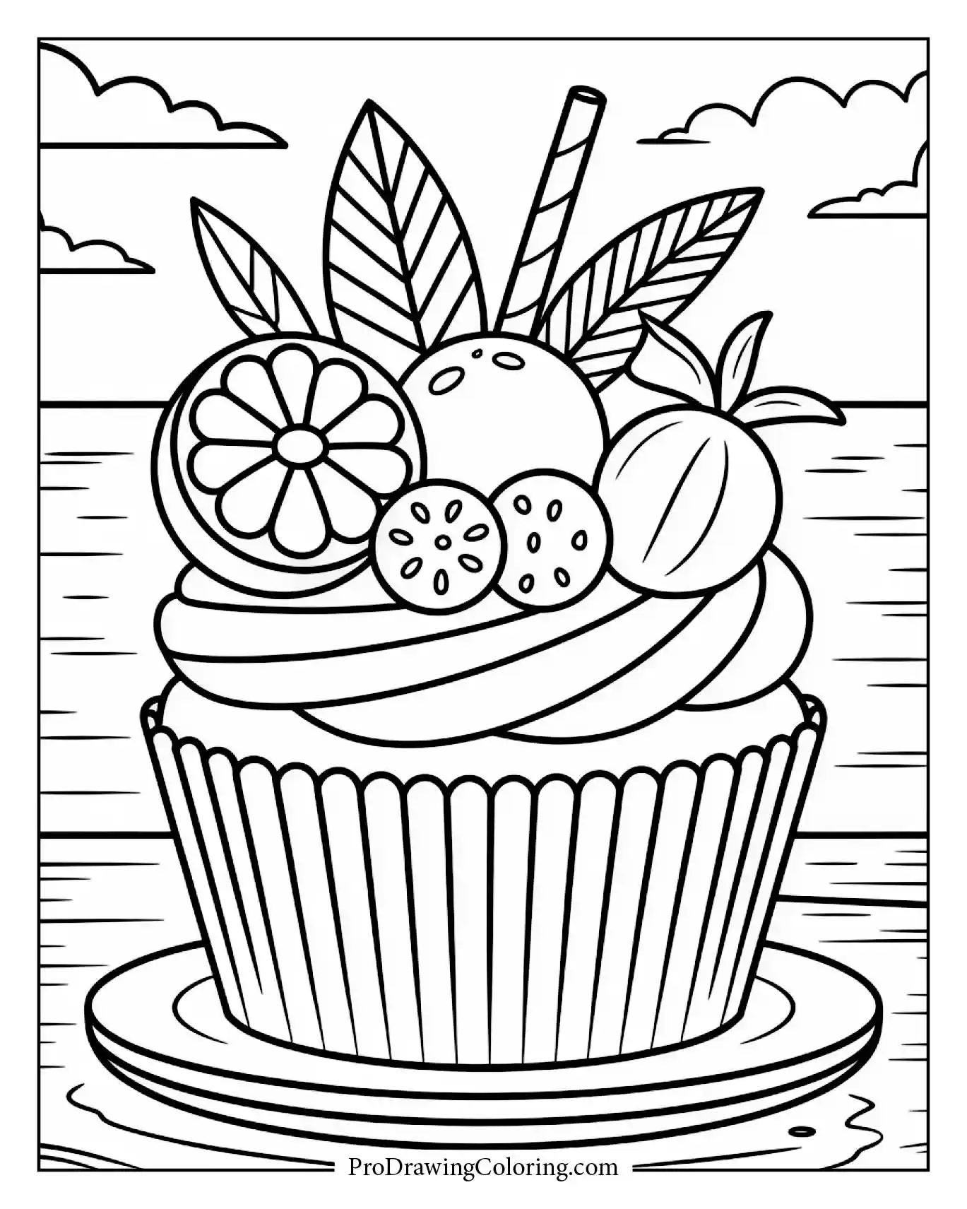 Cupcake coloring pages – tropical fruit cupcake printable with pineapple and citrus