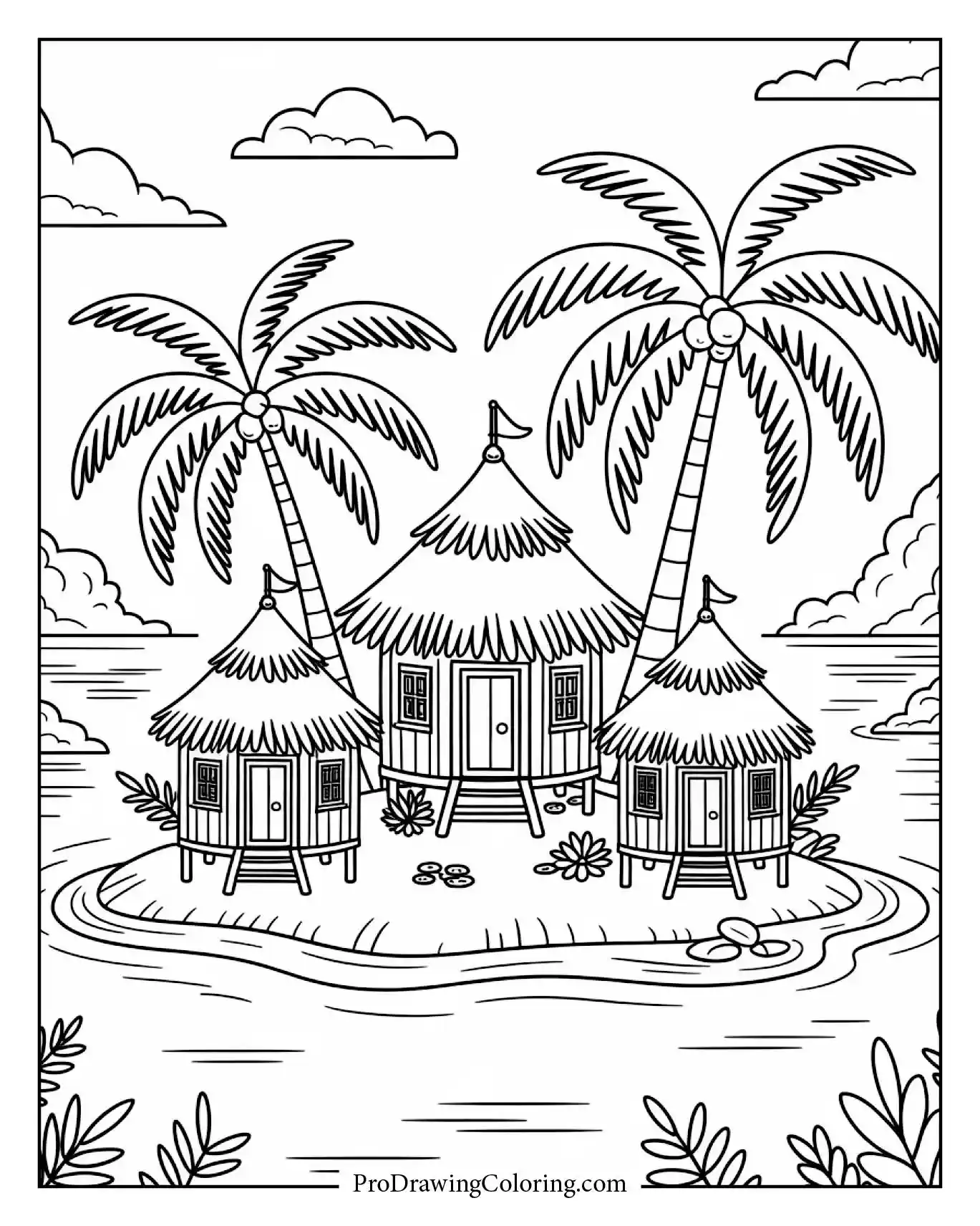 Beach coloring pages – tropical island huts to color