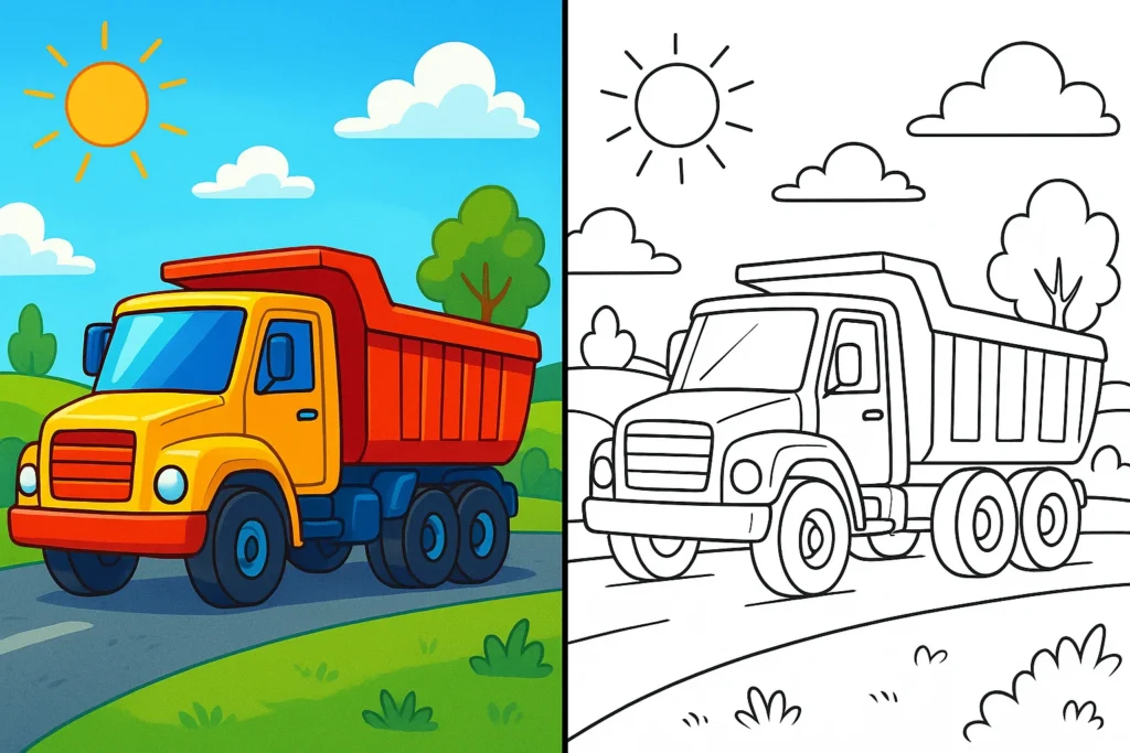 Truck coloring pages – bright cartoon dump truck driving on a road with sunny blue sky, green hills and matching lineart version.