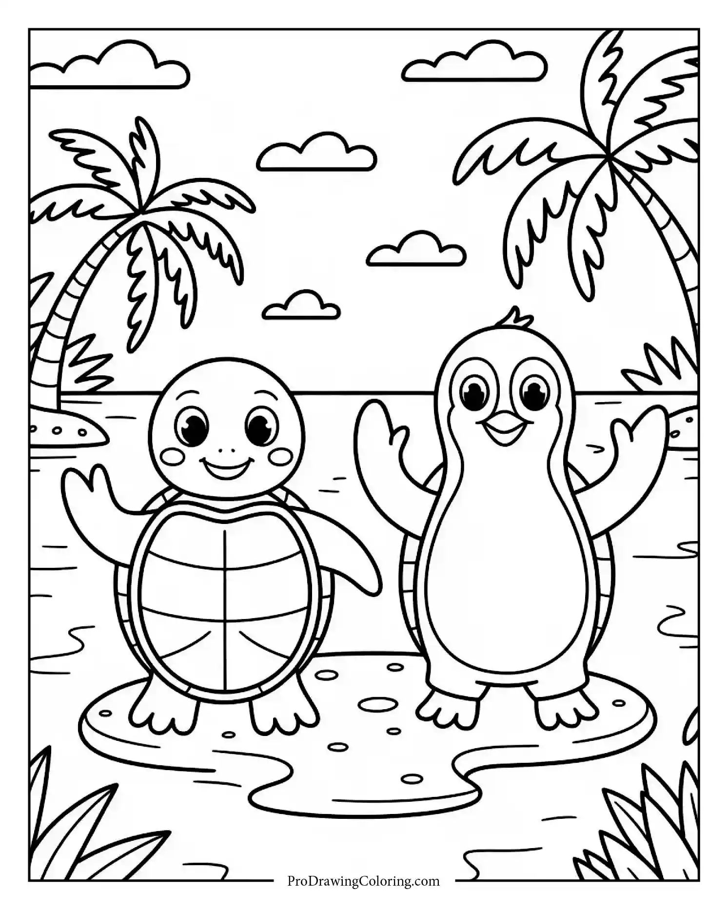 turtle and penguin friends coloring page Cute turtle and penguin waving on sunny island — fun printable friendship coloring page