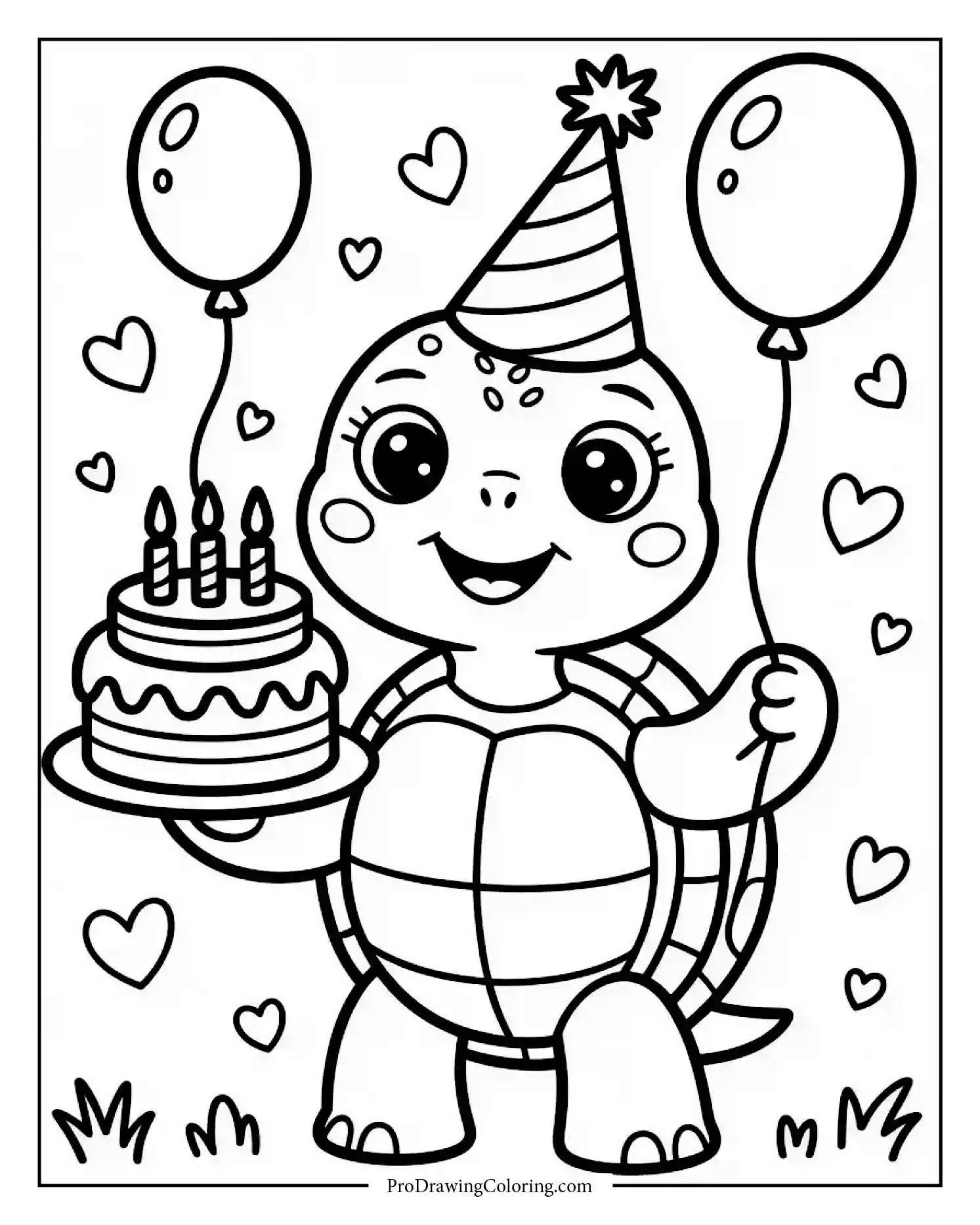 turtle birthday celebration printable Happy turtle celebrating birthday with balloons and cake — cheerful printable coloring page