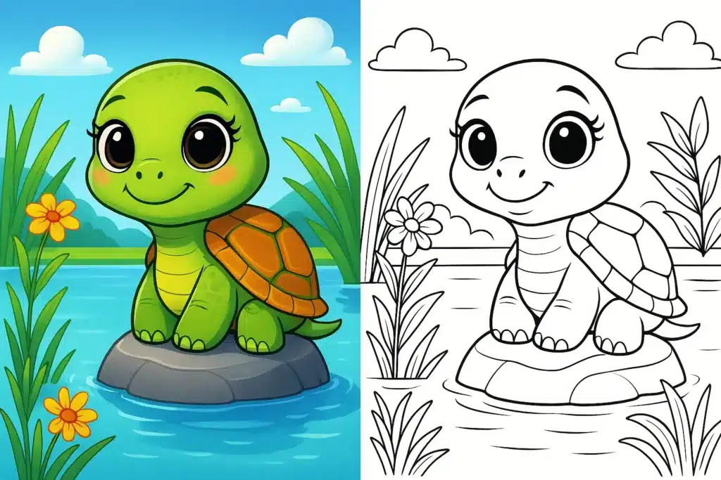 turtle coloring pages – cute cartoon turtle with big Disney-style eyes on a rock in a lake; split image with left side fully colored and right side black-and-white coloring page