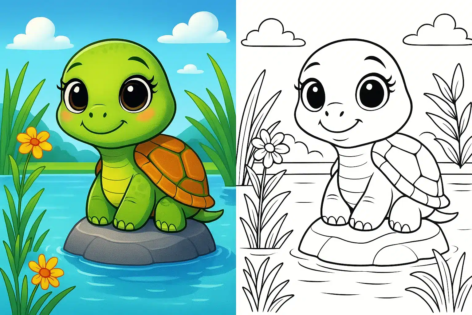turtle coloring page – cute cartoon turtle with big Disney-style eyes on a rock in a lake; split image with left side fully colored and right side black-and-white coloring page