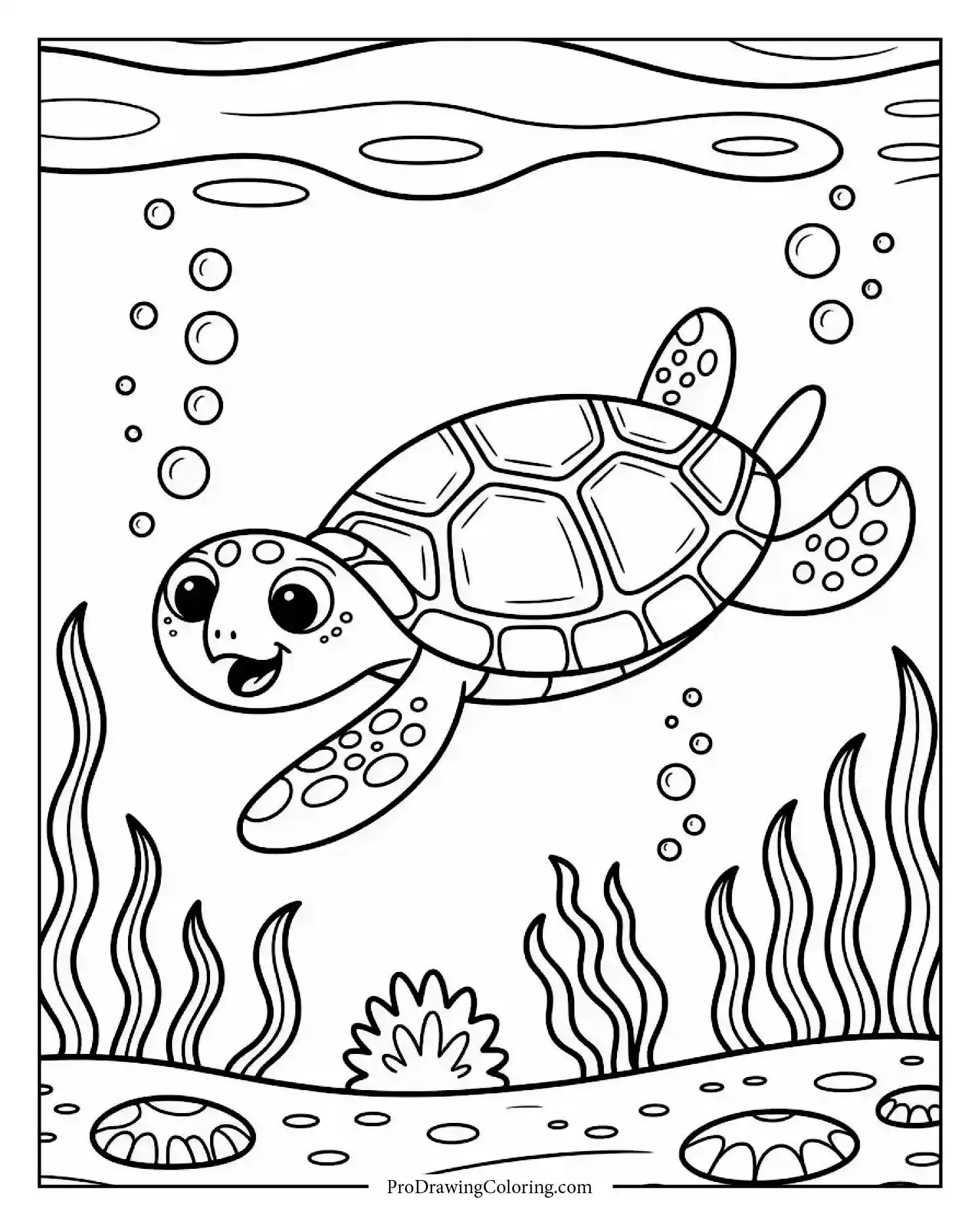 turtle diving underwater coloring page Joyful turtle exploring the ocean floor — printable underwater coloring sheet