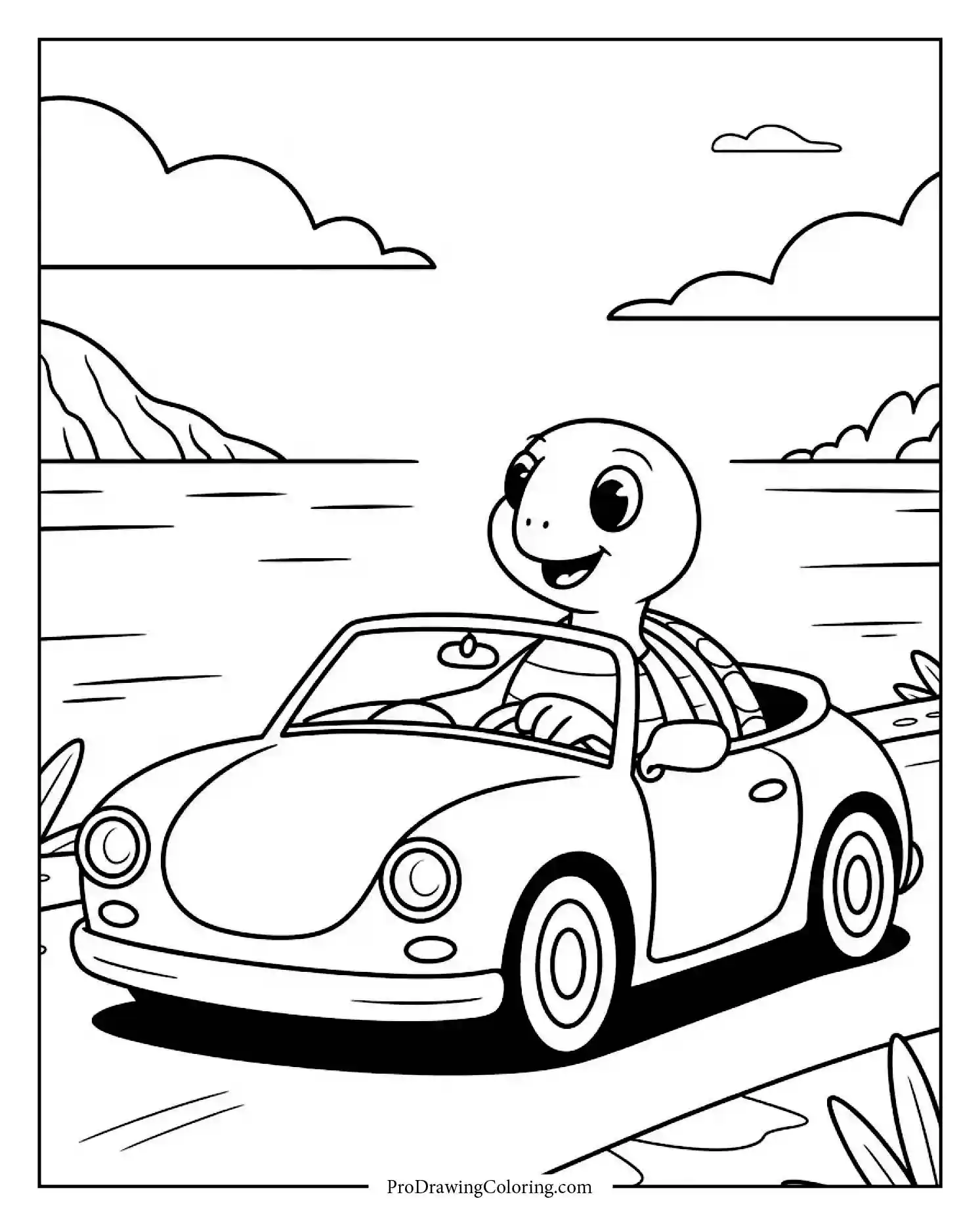 turtle driving car coloring page Cheerful turtle driving along ocean road — perfect turtle coloring page for kids