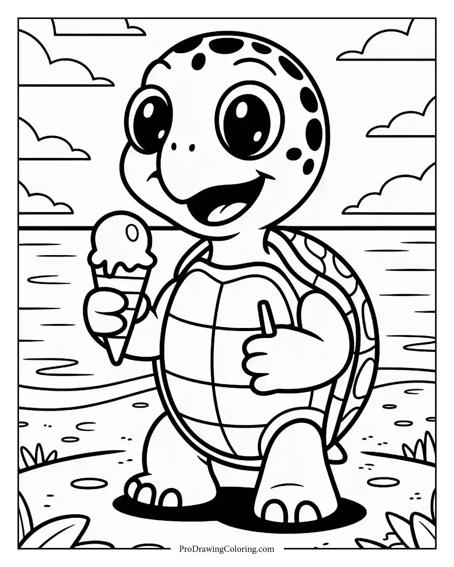 turtle eating ice cream coloring sheet Cute turtle enjoying ice cream near sea waves — summer printable coloring page for children