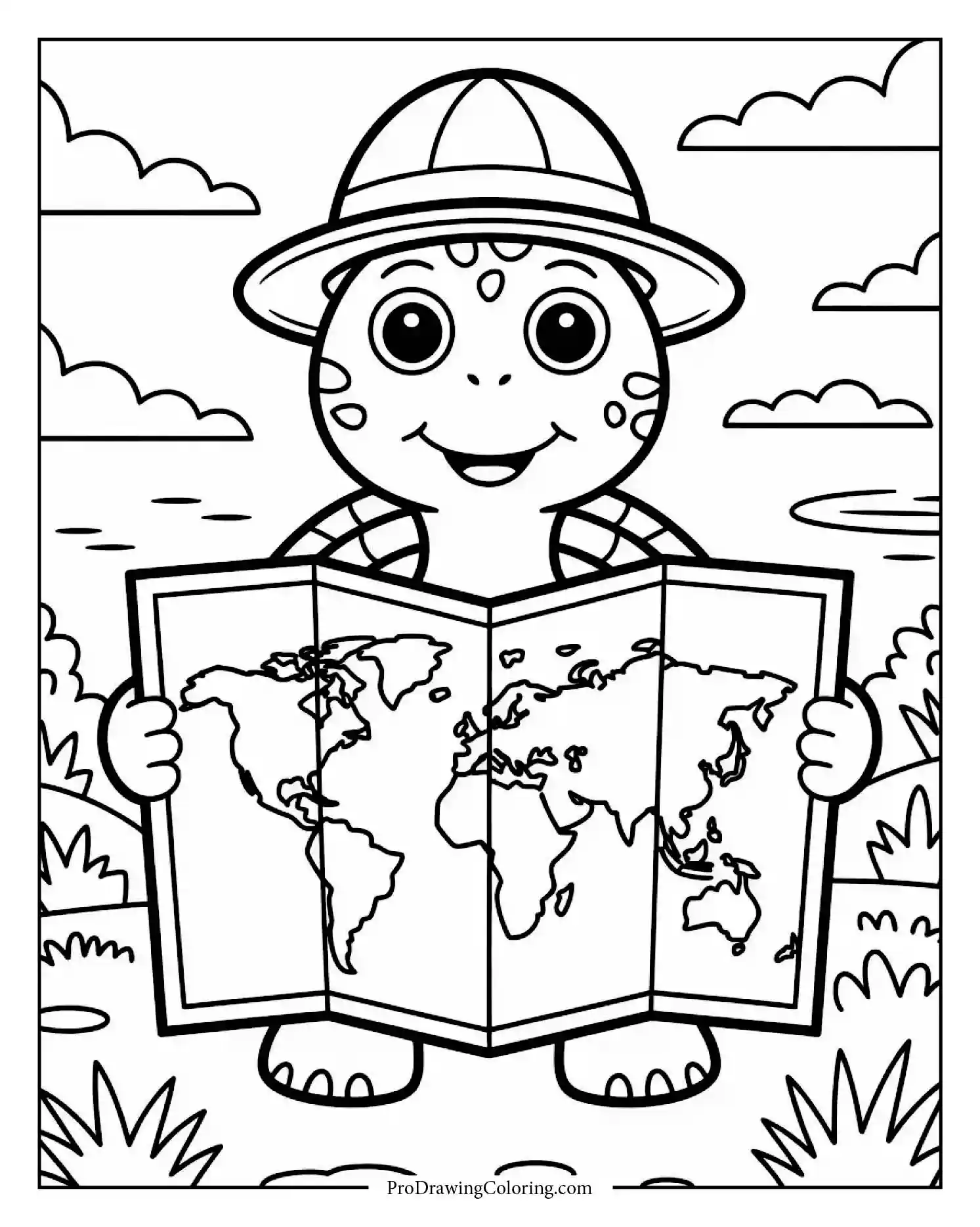 turtle explorer with map coloring sheet Adventurous turtle exploring new lands — perfect printable turtle coloring page