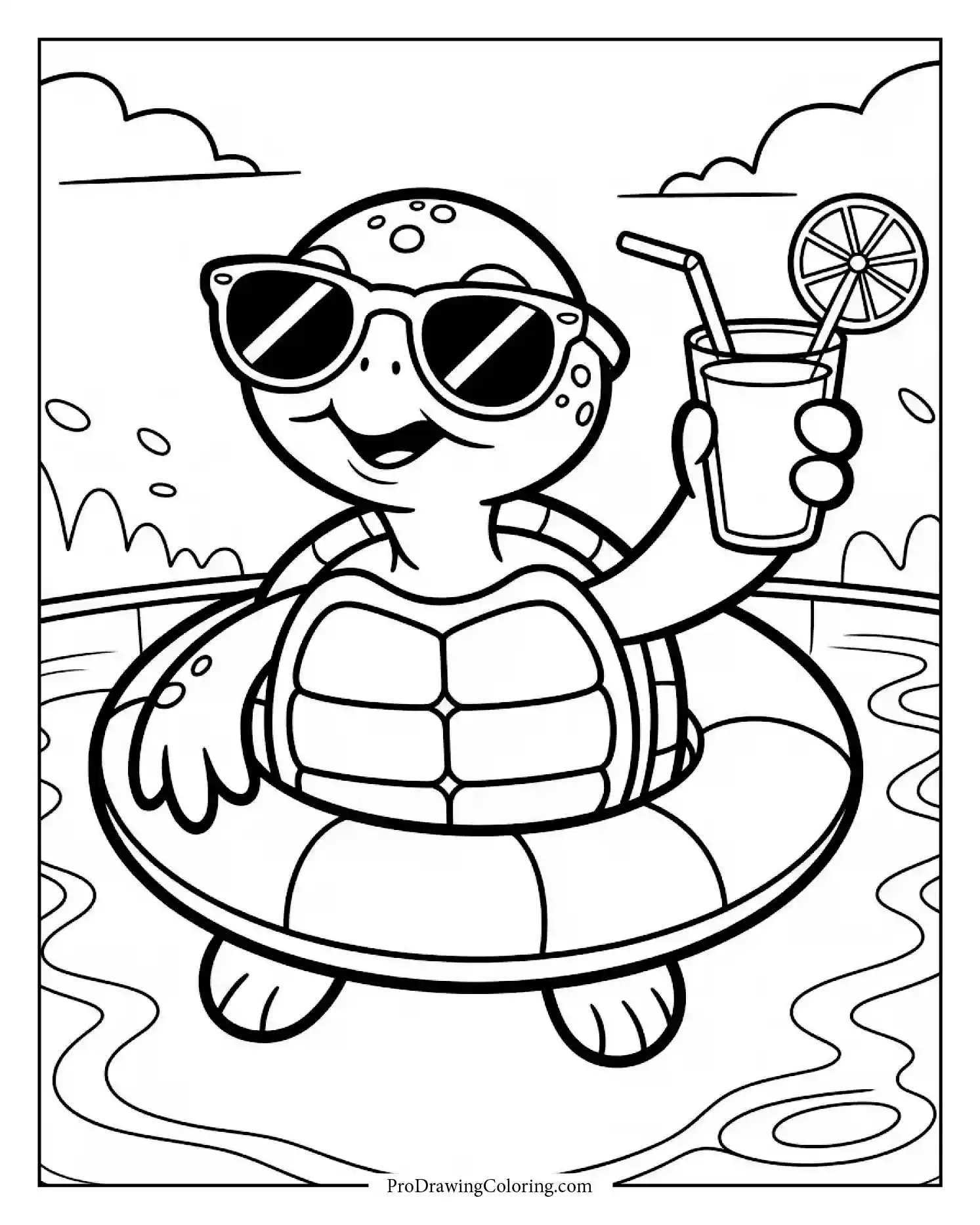 turtle floating on pool ring to print Cool turtle relaxing on pool ring with drink — perfect summer coloring page for kids
