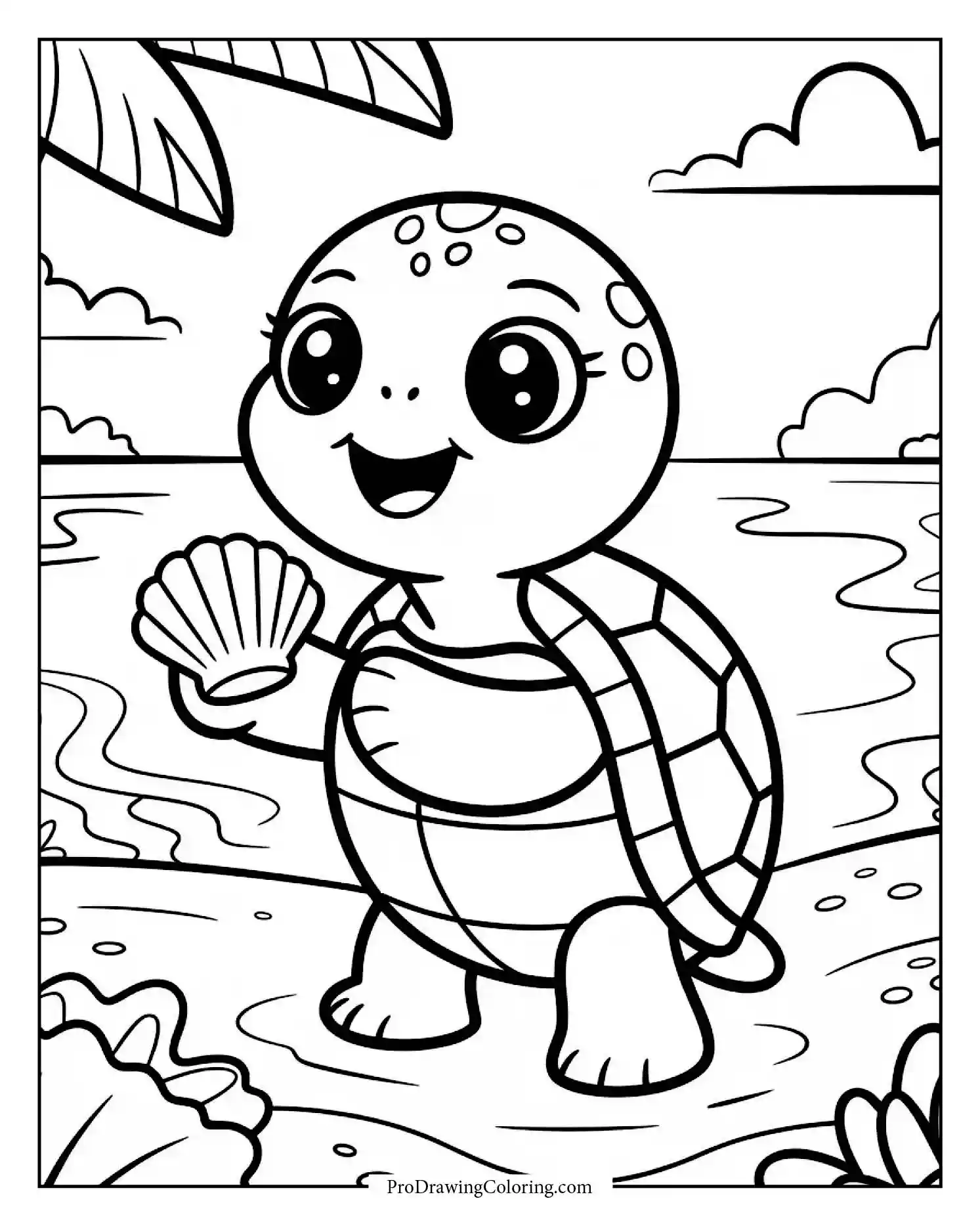 turtle holding seashell Adorable turtle admiring seashell on sunny beach