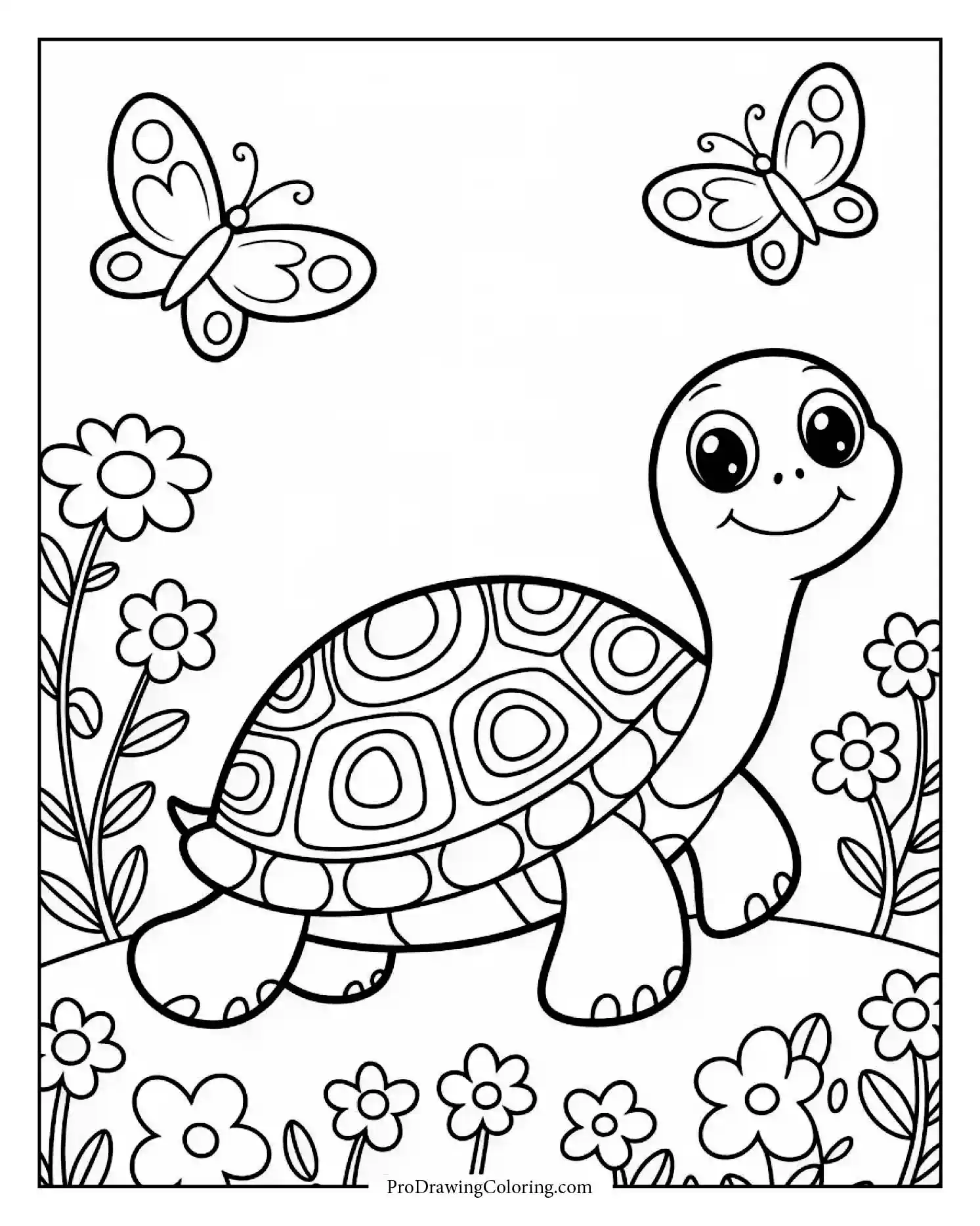 turtle in flower garden Happy turtle surrounded by flowers and butterflies